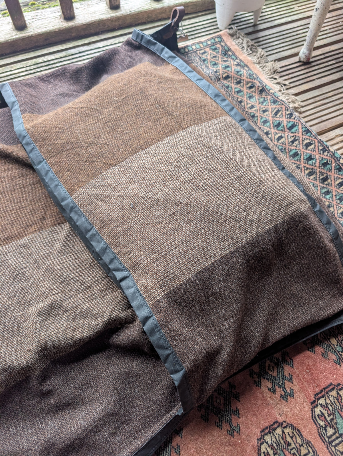 Sleeping mat/pad cover, eco beeswax cotton backed woven 100% wool upper with leather tie-outs