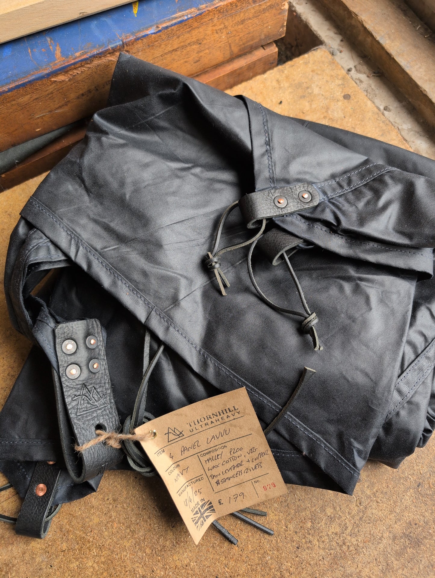 SALE: navy 4 panel LAVVU, waxed canvas & leather tent tipi tarp