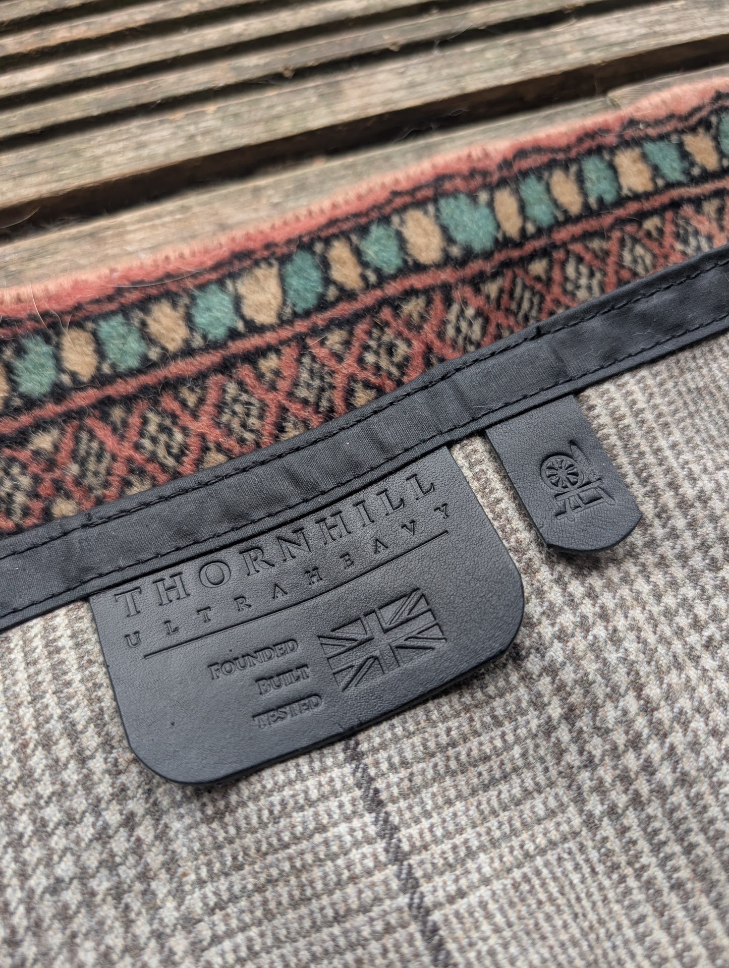 Sleeping mat/pad cover, waxed-canvas-backed checked wool with leather tie-outs