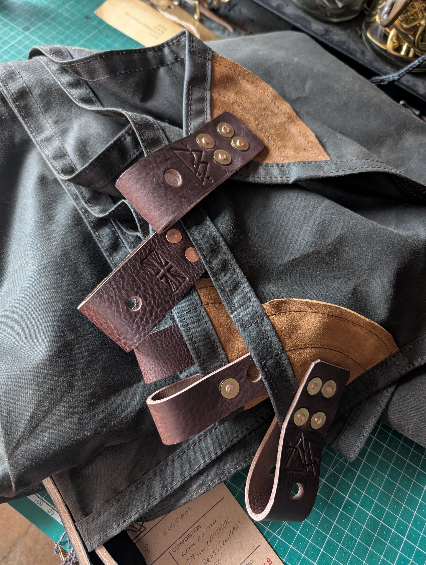 SPECIAL: 8' x 8' simple classic tarp, OLIVE with prop holes in brown leather
