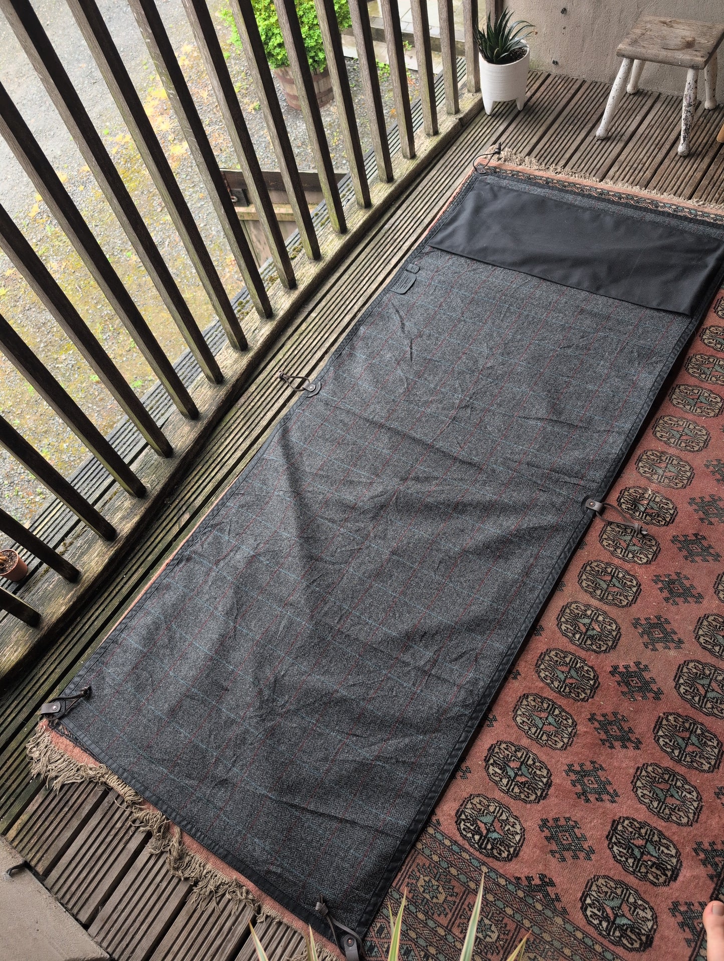 Sleeping mat/pad cover, waxed-canvas-backed checked wool with cotton 'pillow' and leather leather tie-outs
