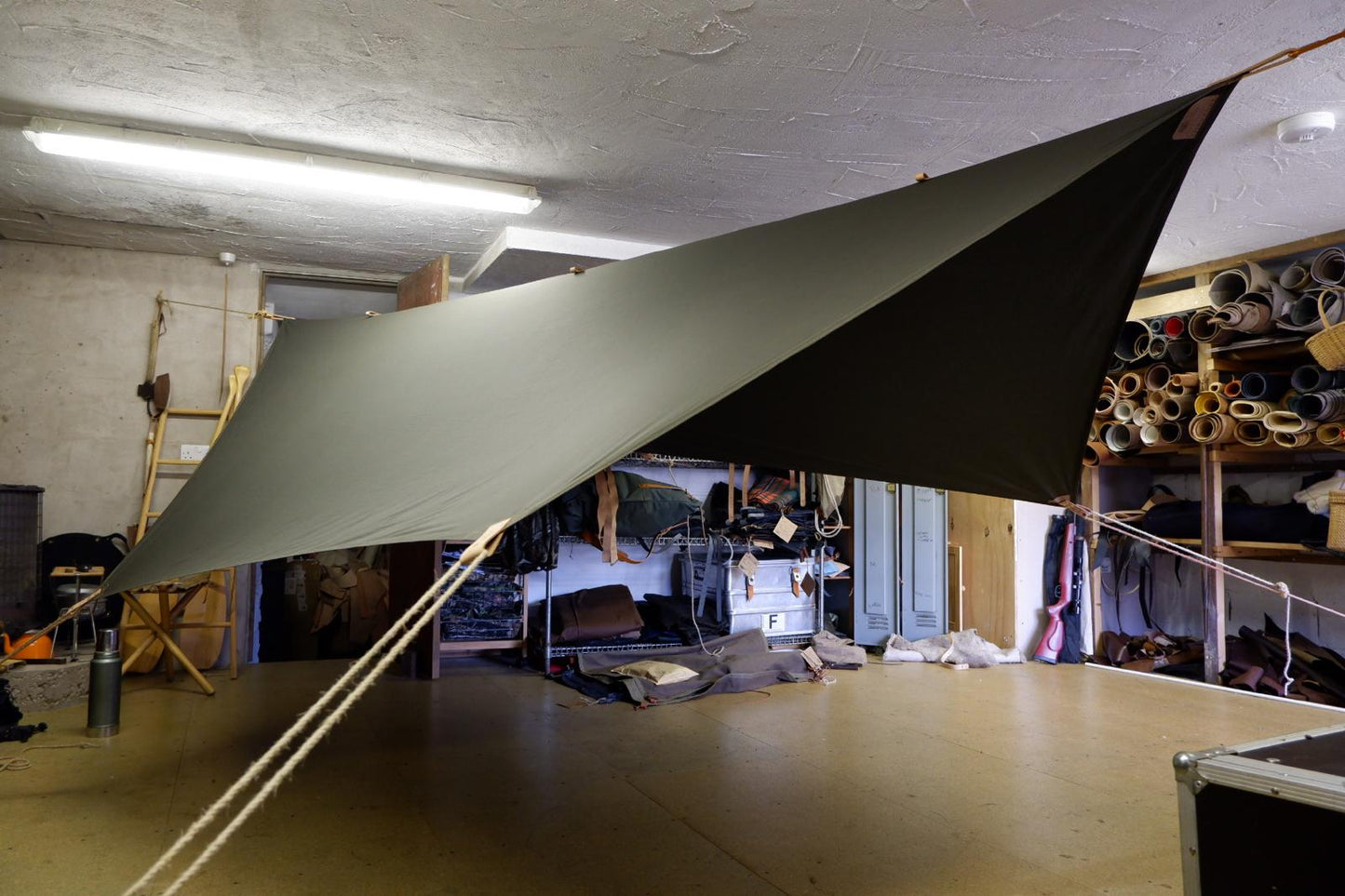 Standard HEX shape tarp, waxed canvas & leather tie outs