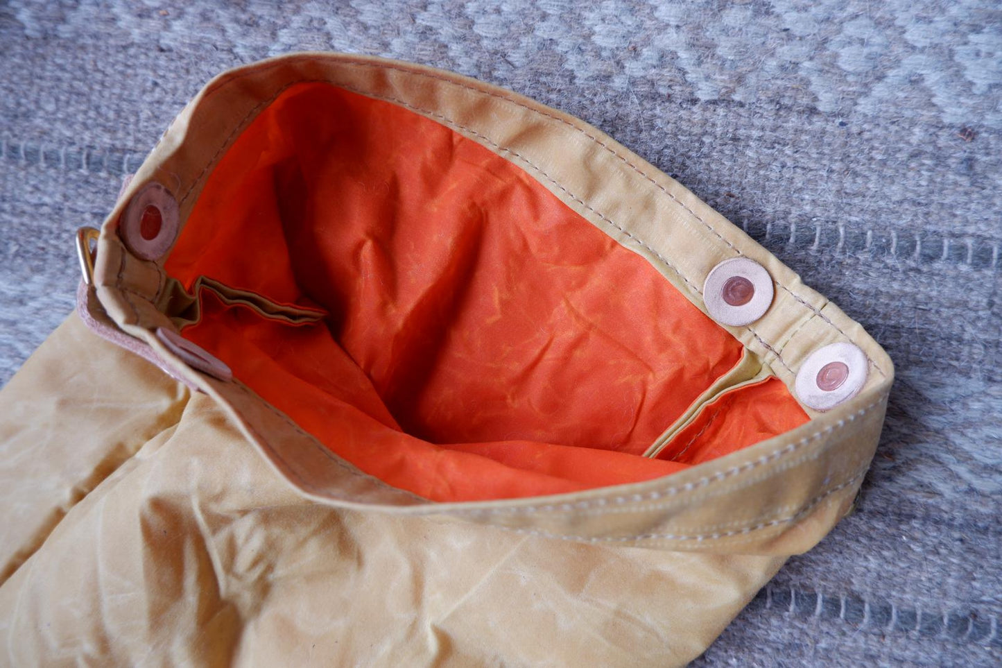 Long roll-top dry-ish bag, waxed canvas with leather trim