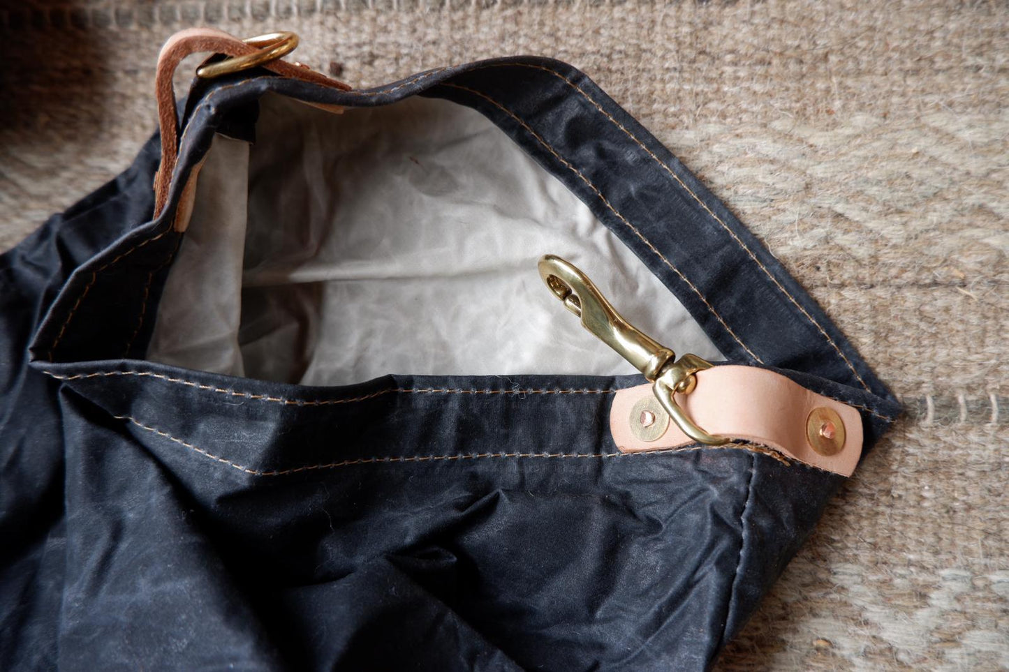 Long roll-top dry-ish bag, waxed canvas with leather trim