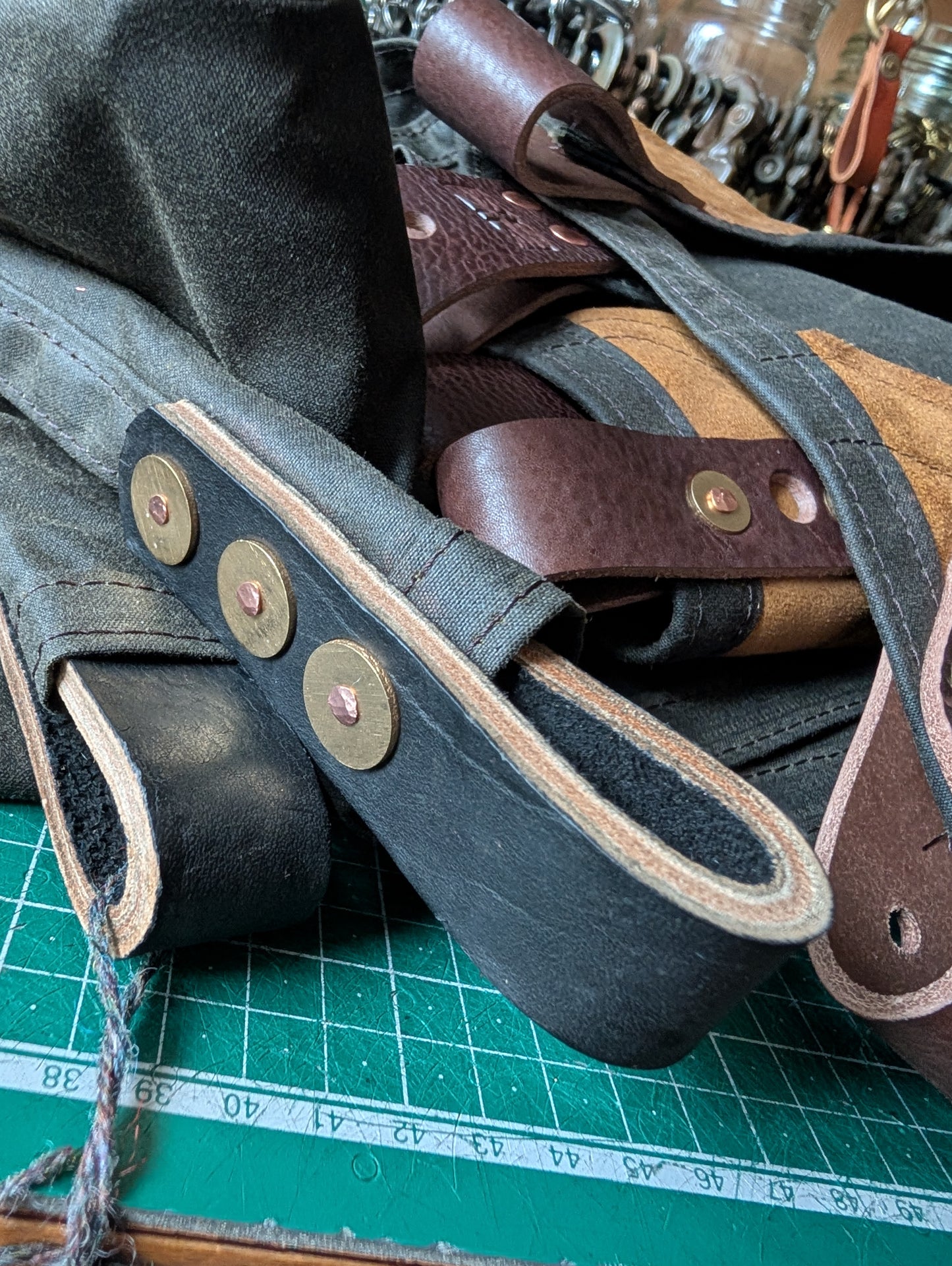 SPECIAL: 8' x 8' simple classic tarp, OLIVE with prop holes in brown leather