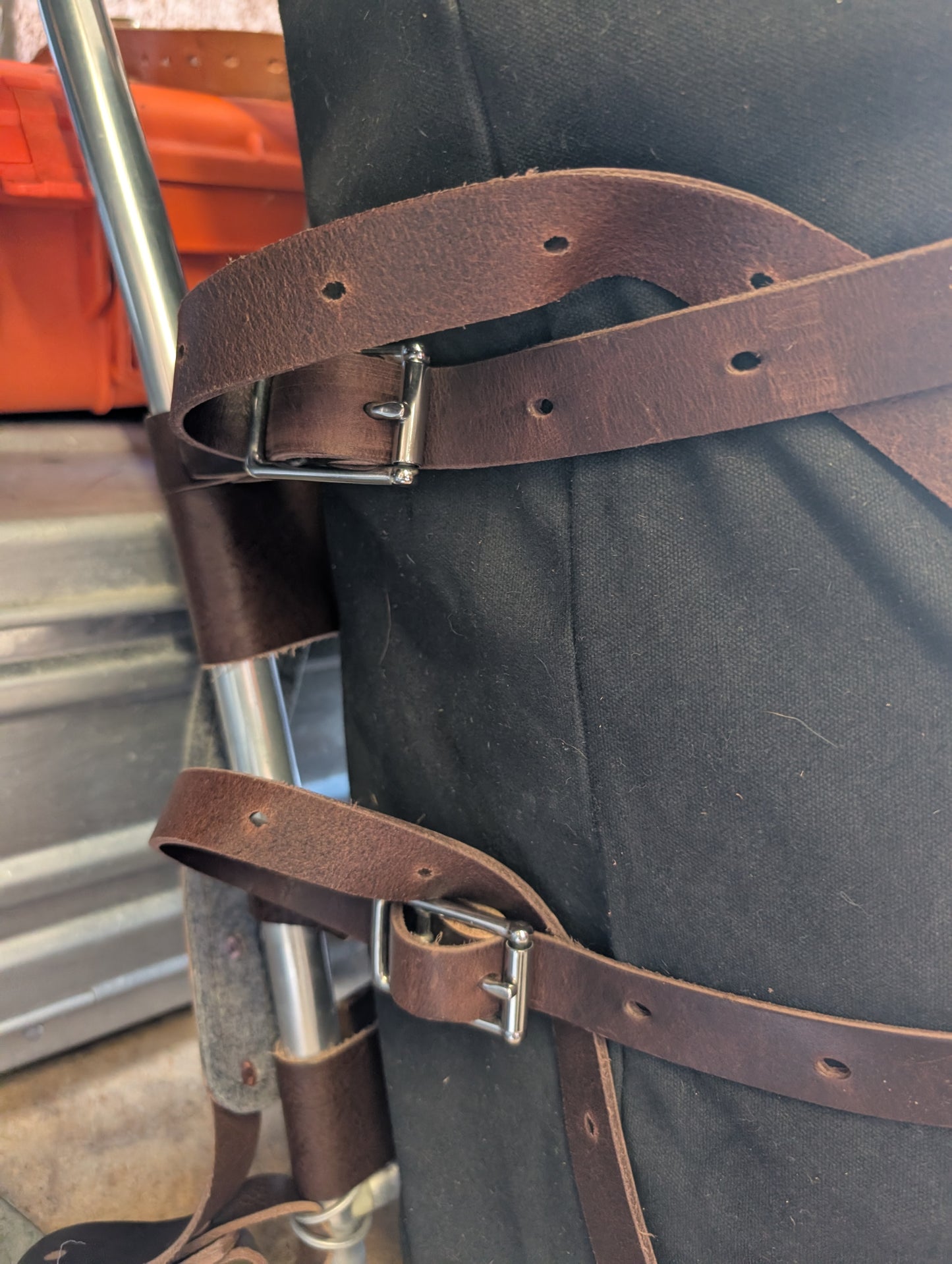 Pack basket/external frame rucksack/ gear hauler. Rebuild of vintage aluminium frame pack with leather , wool and rivets