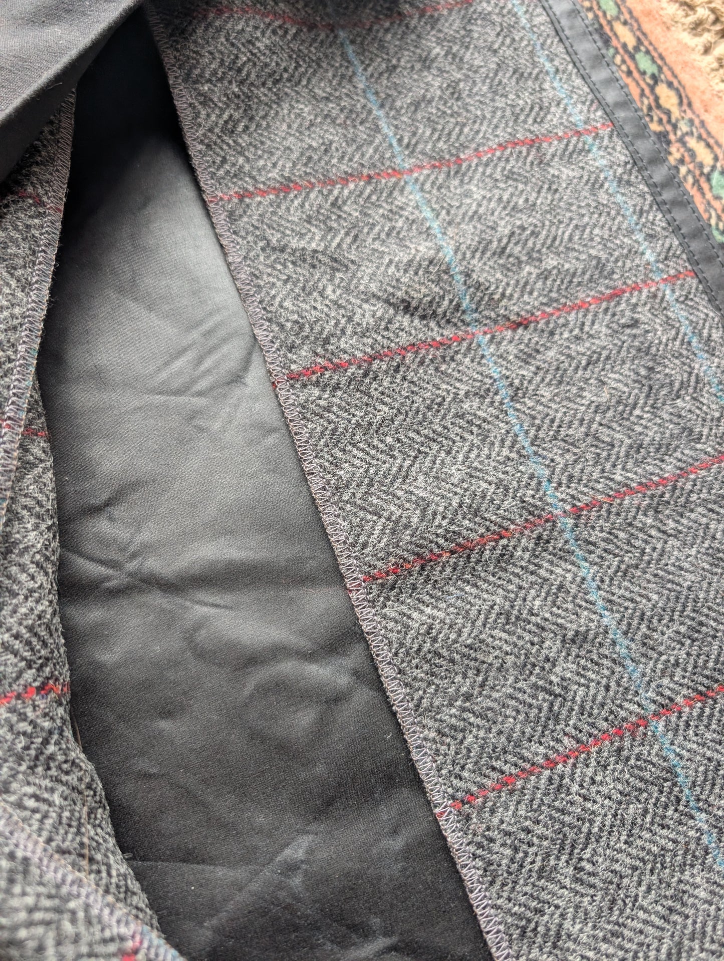 Sleeping mat/pad cover, waxed-canvas-backed checked wool with cotton 'pillow'  and leather leather tie-outs