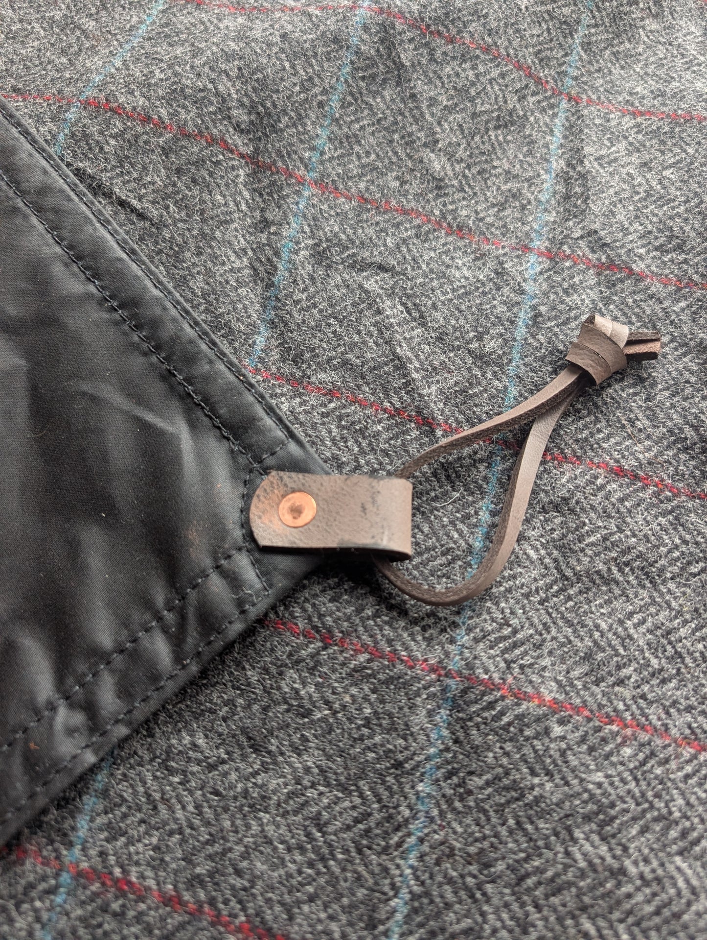 Sleeping mat/pad cover, waxed-canvas-backed checked wool with cotton 'pillow'  and leather leather tie-outs