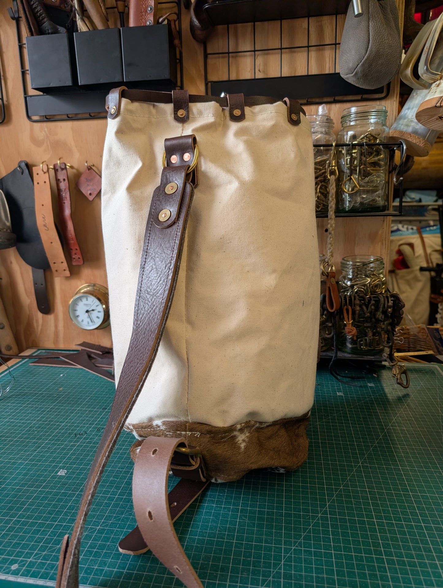 Furry cow sea sack style bag , leather and canvas &  lined waxed eco beeswax cotton