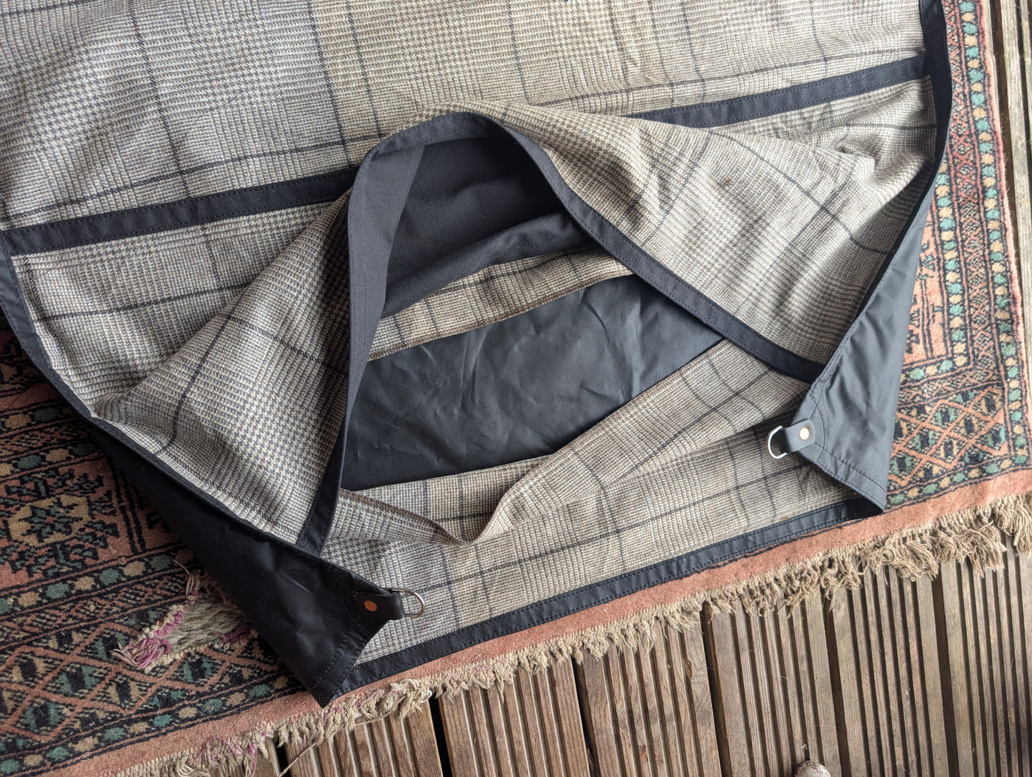 Sleeping mat/pad cover, waxed-canvas-backed checked wool with leather tie-outs