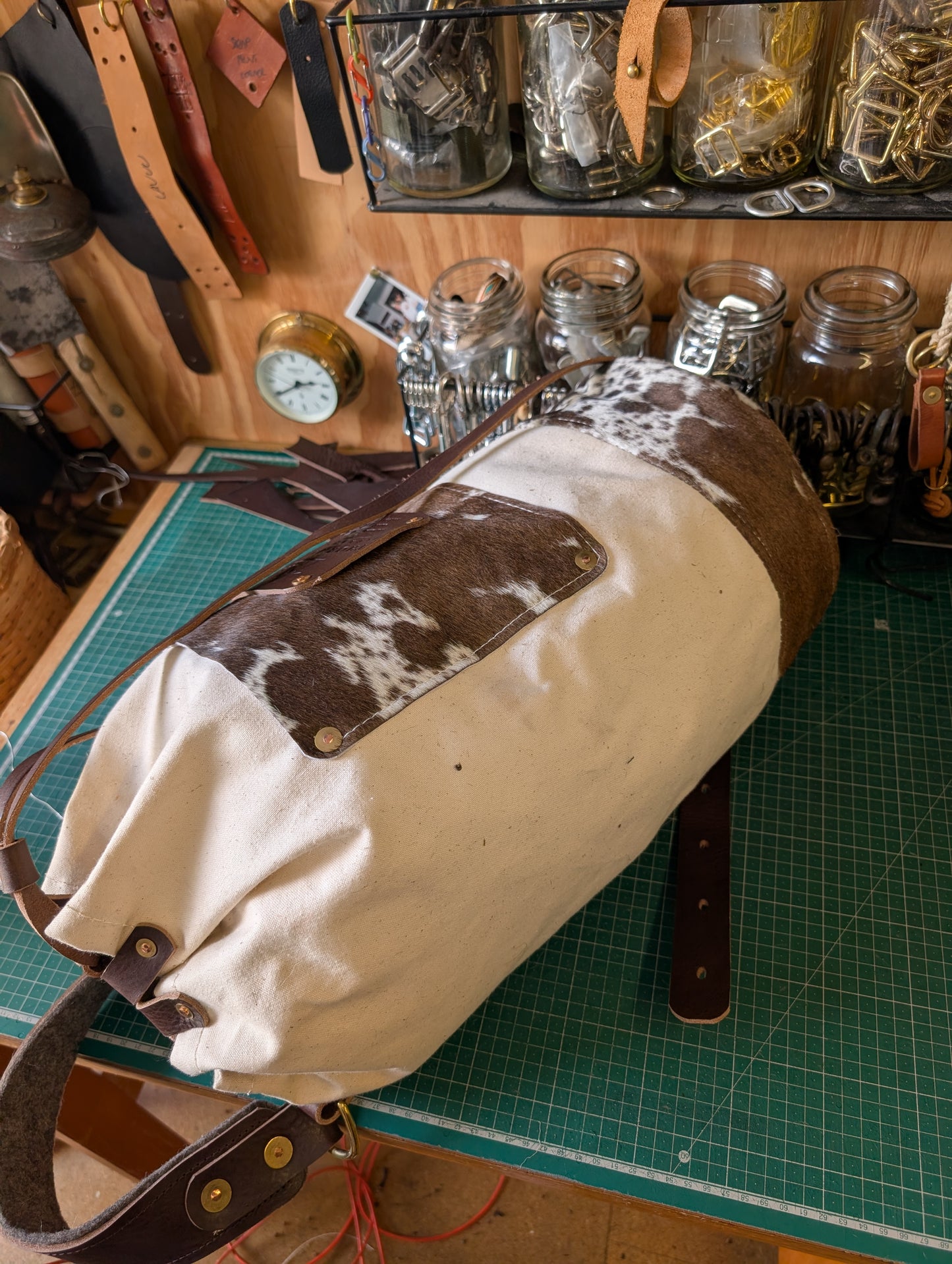 Furry cow sea sack style bag , leather and canvas &  lined waxed eco beeswax cotton