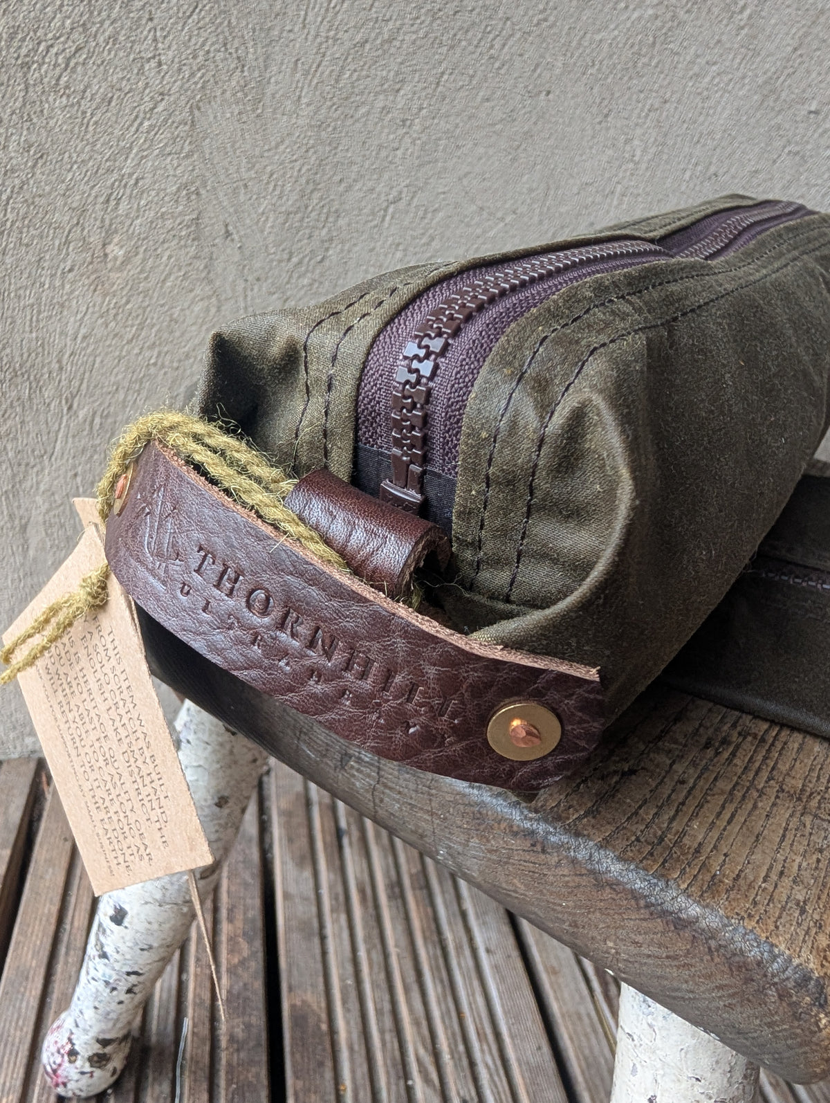 Dopp bag, double-lined waxed canvas packing cube with leather handles