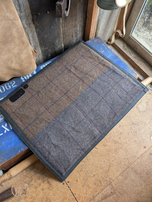 Padded sit-pad, checked wool & waxed canvas with leather tie-out