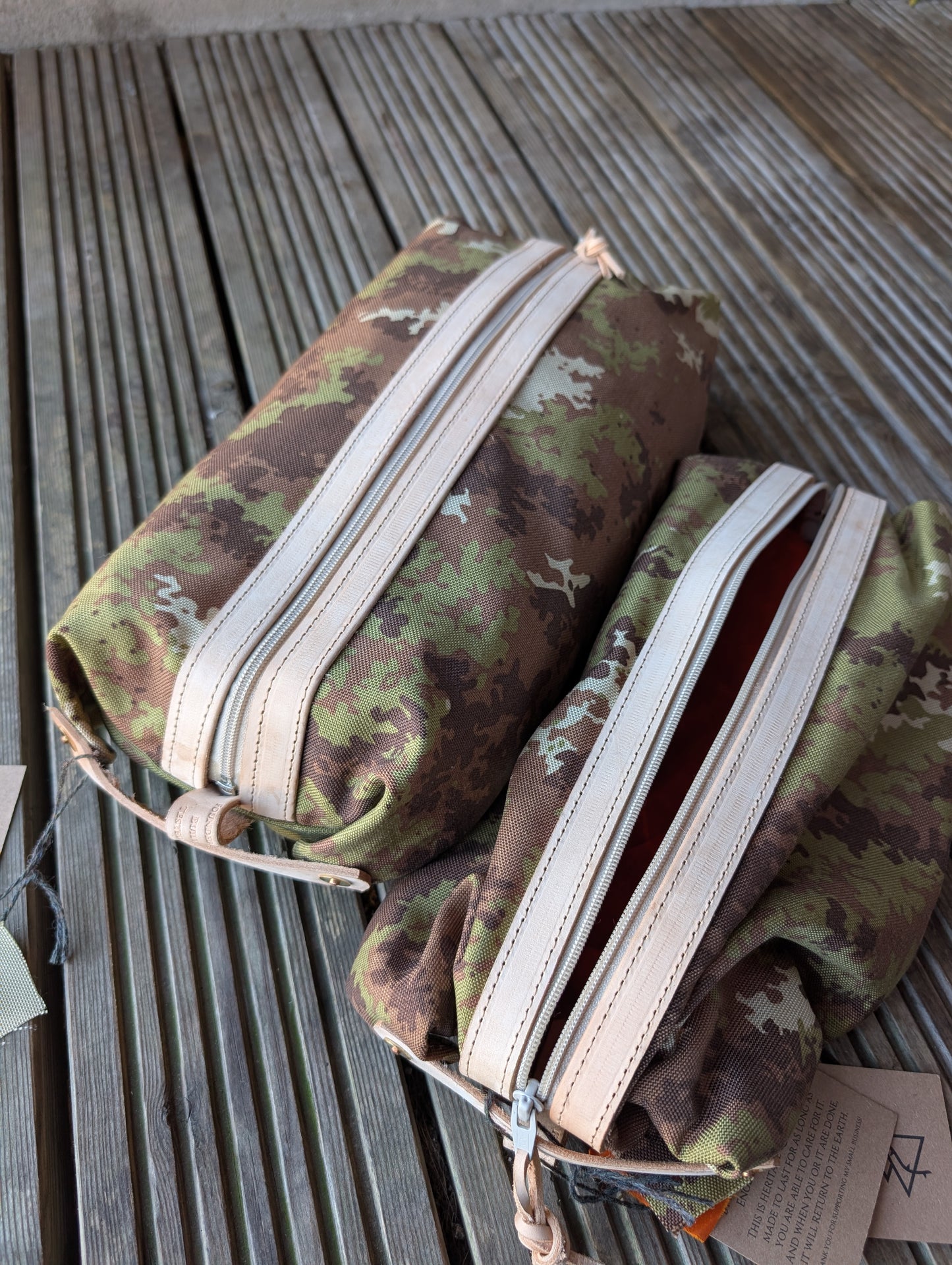 Italian vegetato camouflage large dopp bag, double-lined with leather handles and trim
