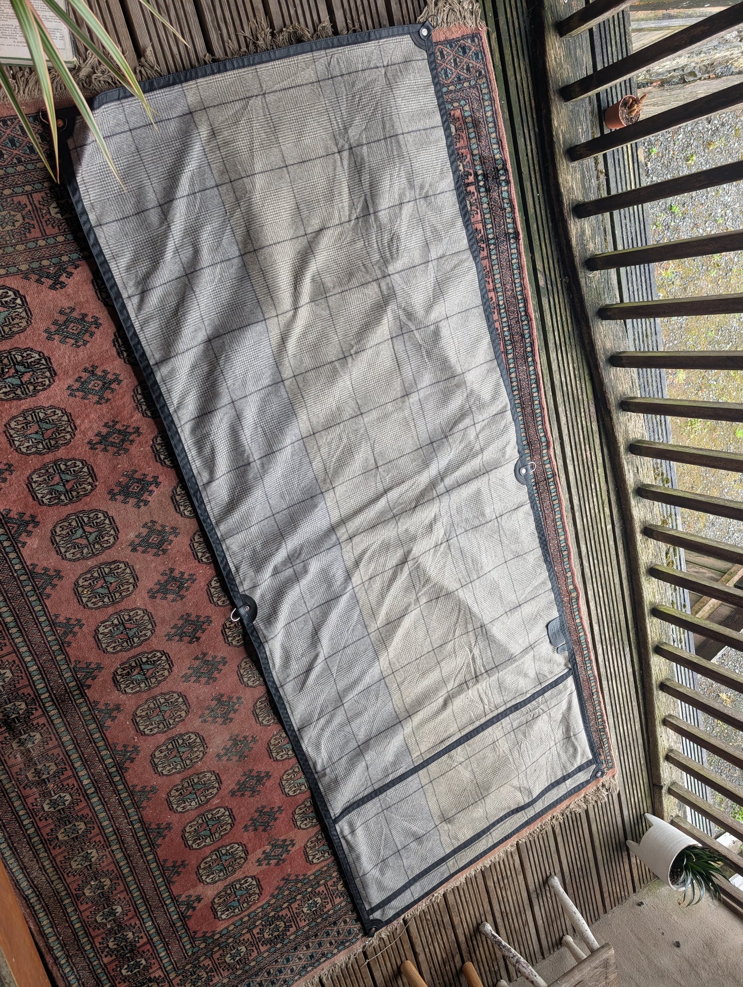 Sleeping mat/pad cover, waxed-canvas-backed checked wool with leather tie-outs