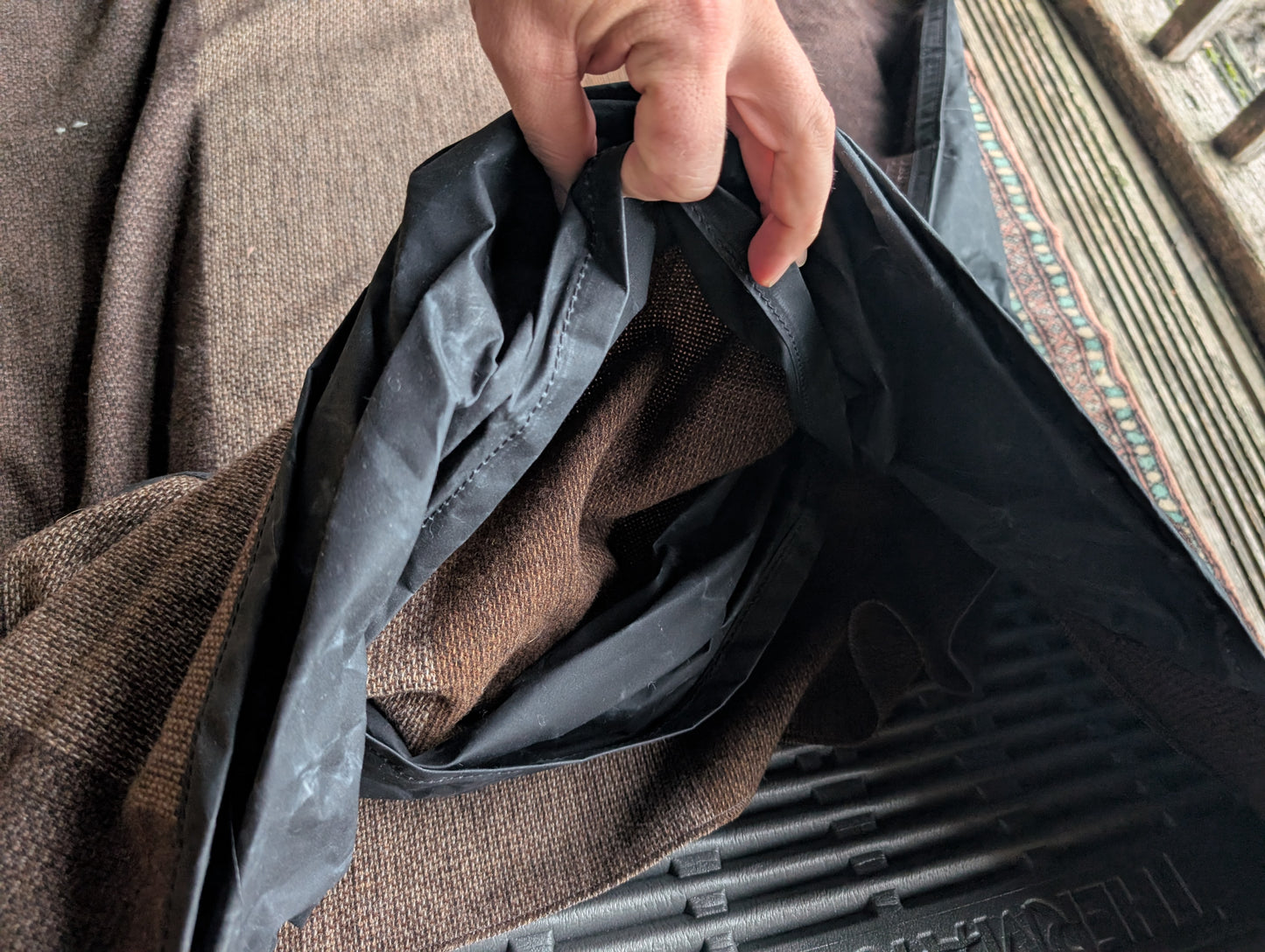 Sleeping mat/pad cover, eco beeswax cotton backed woven 100% wool upper with leather tie-outs