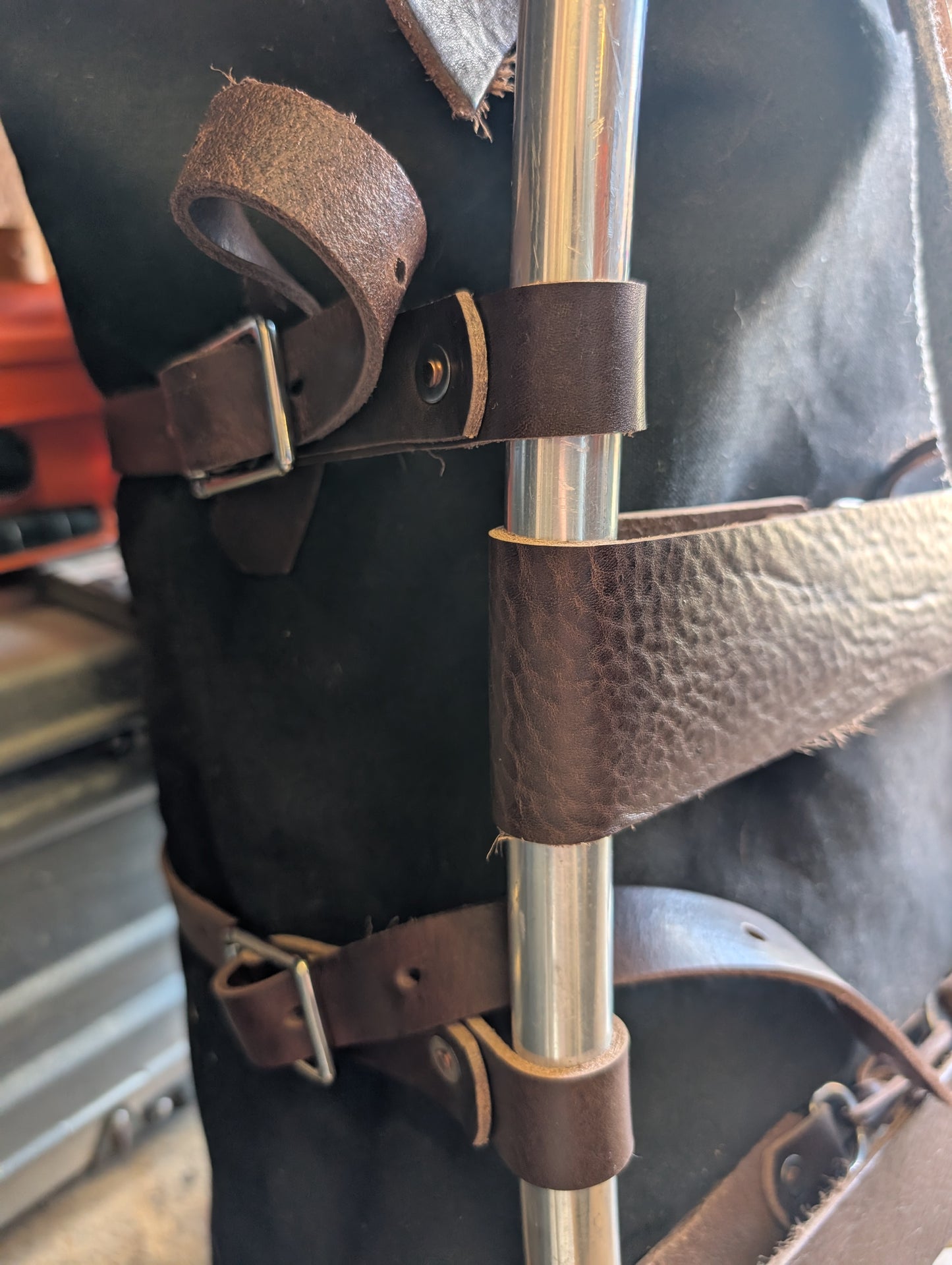 Pack basket/external frame rucksack/ gear hauler. Rebuild of vintage aluminium frame pack with leather , wool and rivets