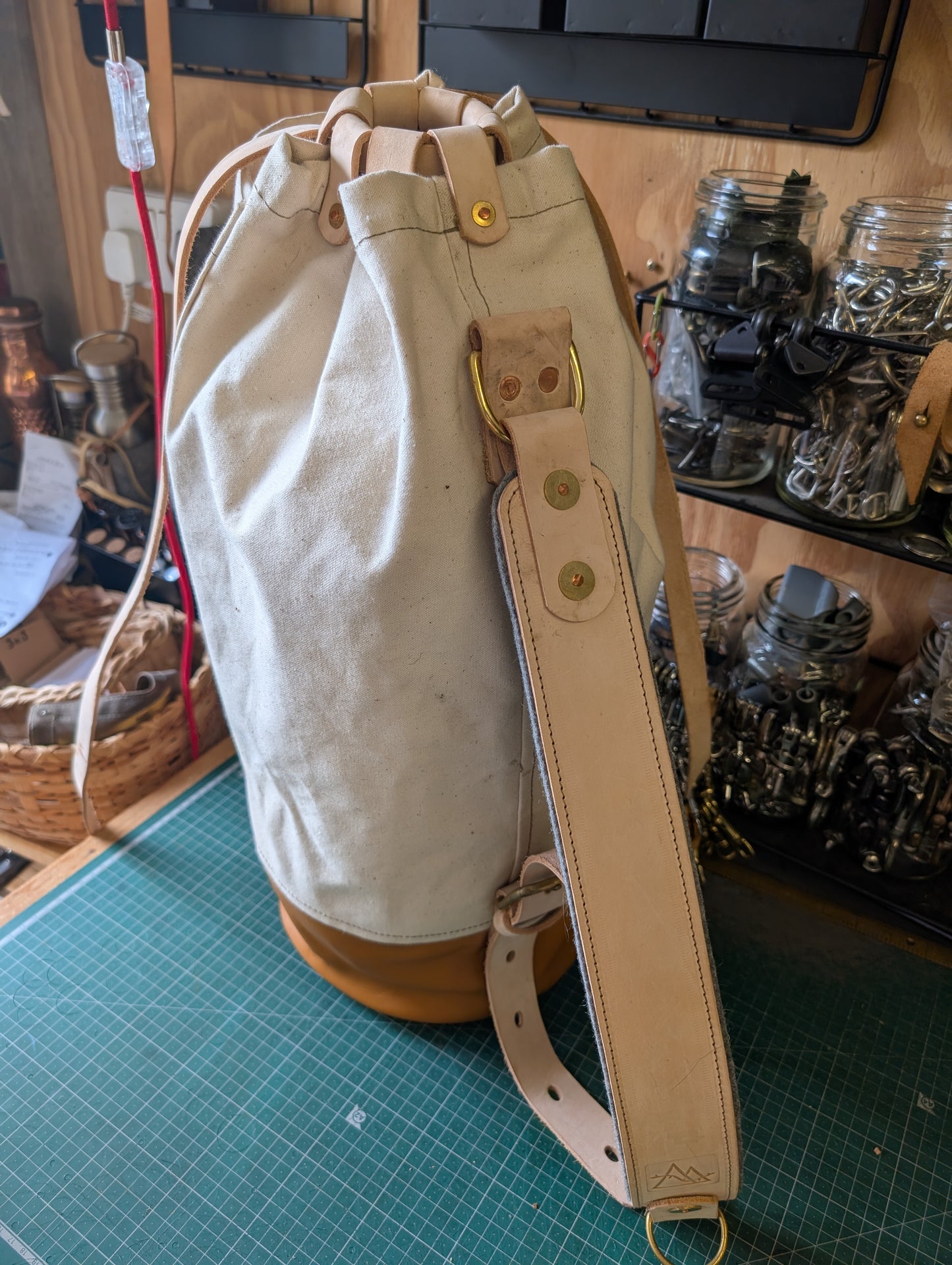 Canvas and leather sea sack style bag, leather and canvas &  lined waxed eco beeswax cotton