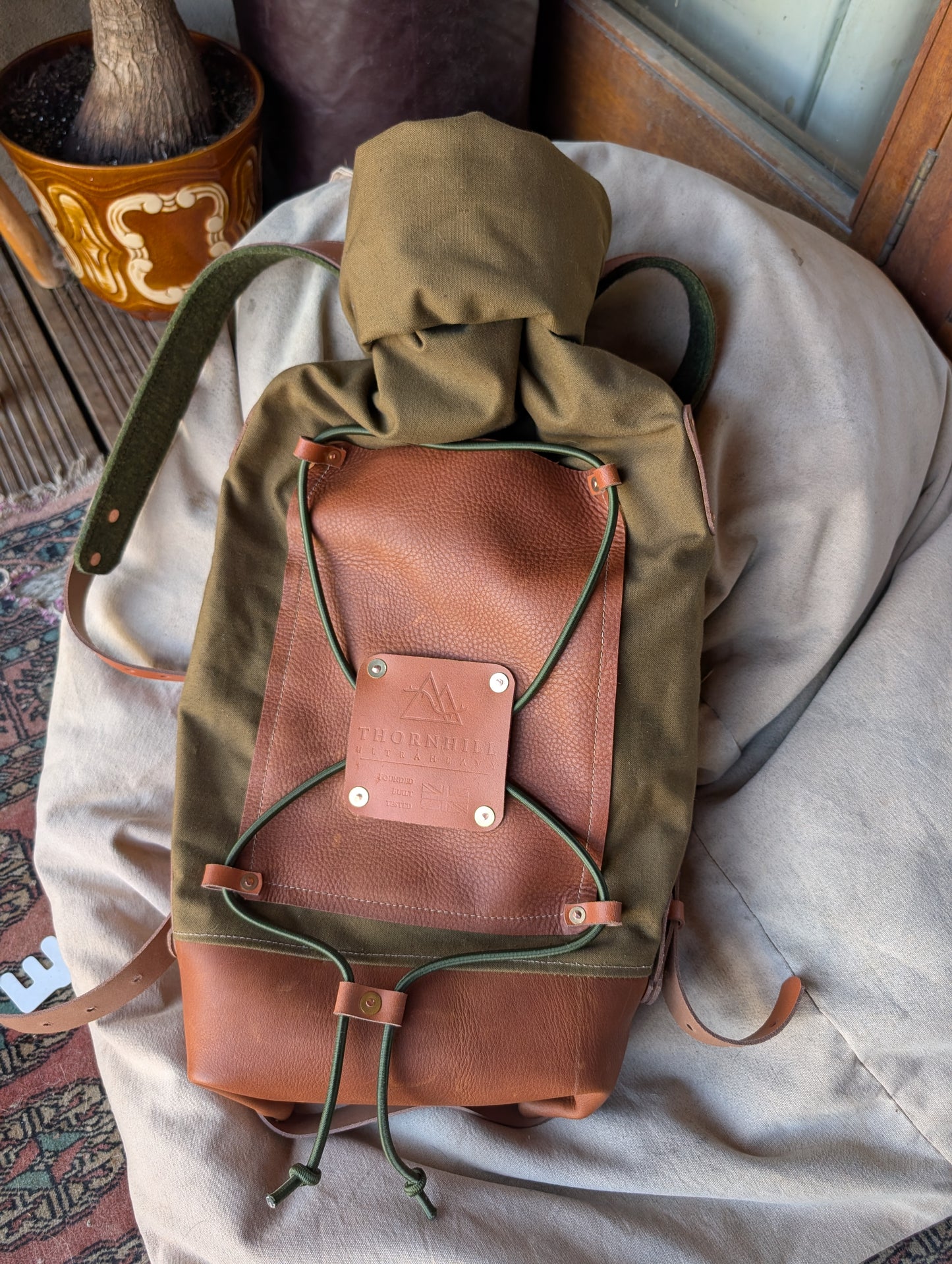 Two-tone bushcraft & travel rucksack, leather and canvas & double lined waxed canvas