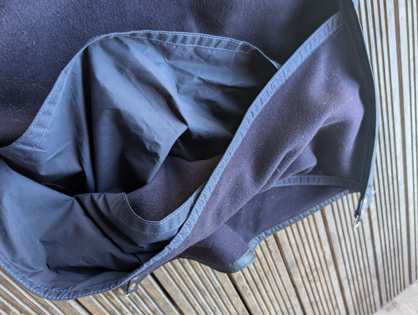 Sleeping mat cover, waxed-canvas-backed wool with leather tie-outs