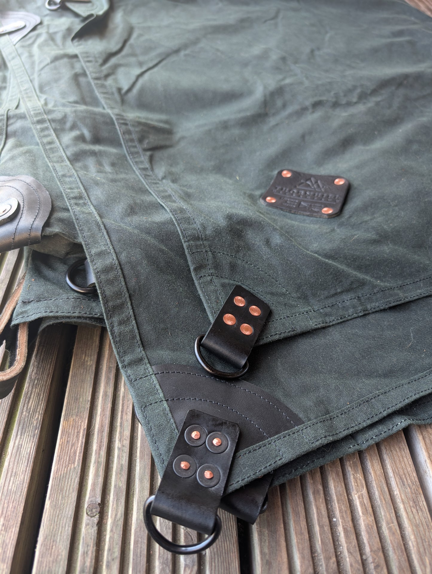 3m x 3m tarp, waxed canvas & leather and D ring tie outs green