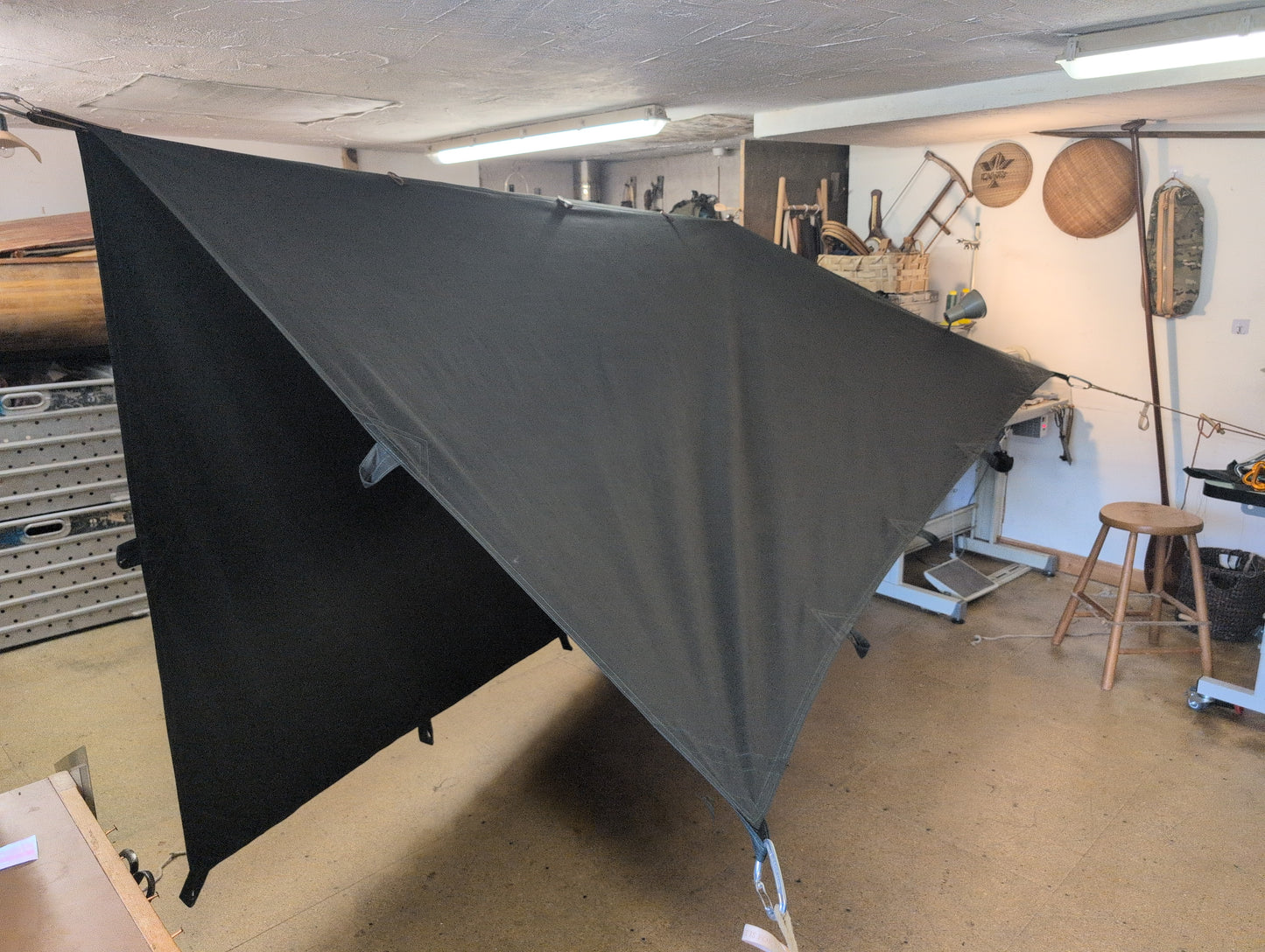 Less leather 3m x 3m tarp with sewn waxed cotton and leather tie outs
