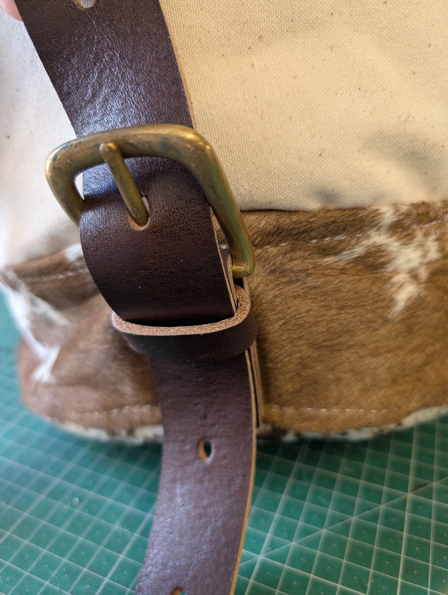 Furry cow sea sack style bag , leather and canvas &  lined waxed eco beeswax cotton