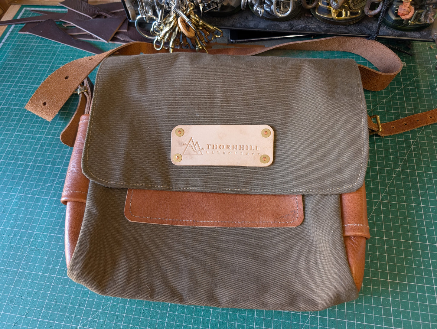 Two-tone bushcraft & travel satchel leather and canvas & waxed cotton lined waxed canvas