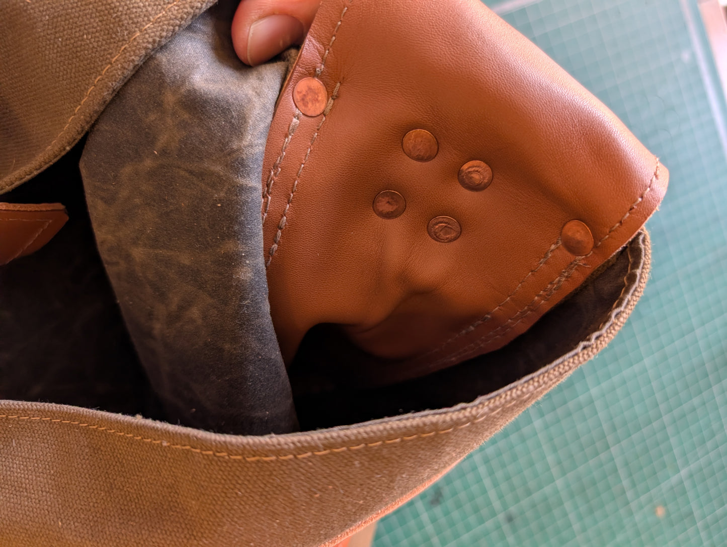Two-tone bushcraft & travel satchel leather and canvas & waxed cotton lined waxed canvas