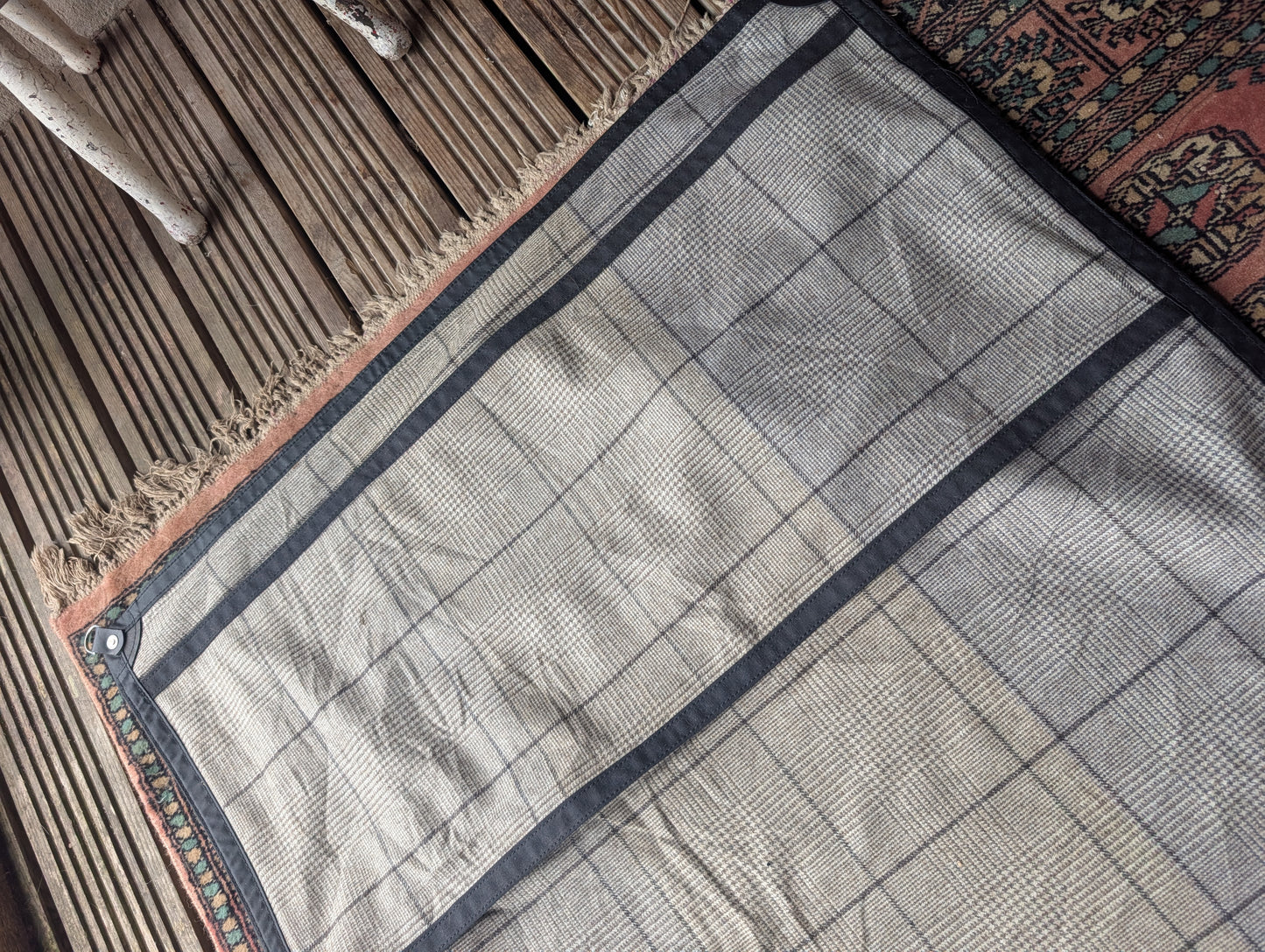 Sleeping mat/pad cover, waxed-canvas-backed checked wool with leather tie-outs