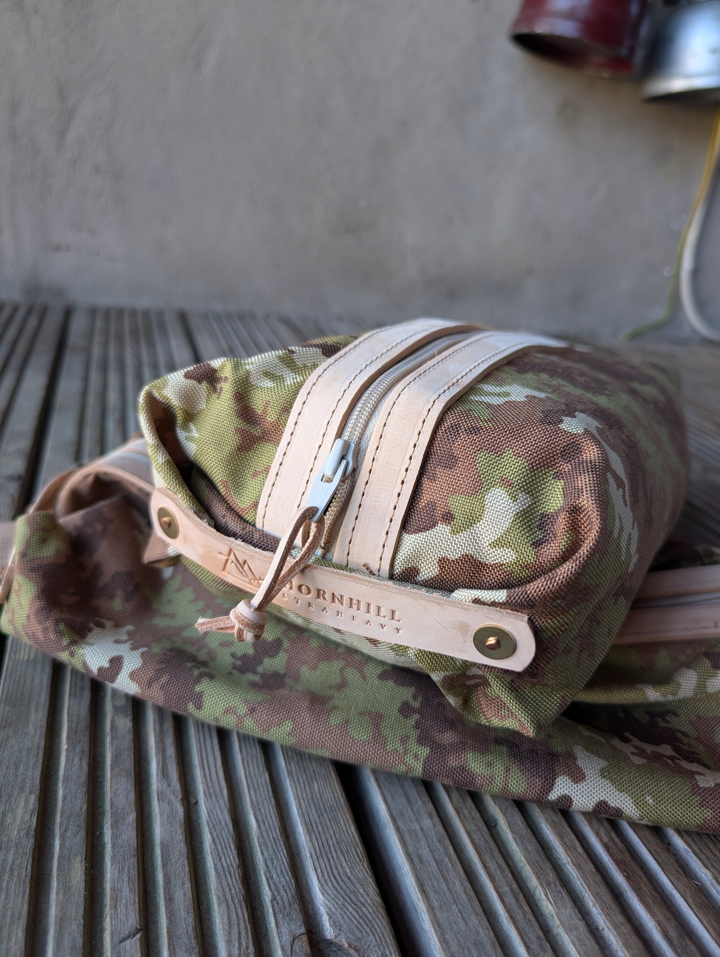 Italian vegetato camouflage large dopp bag, double-lined with leather handles and trim