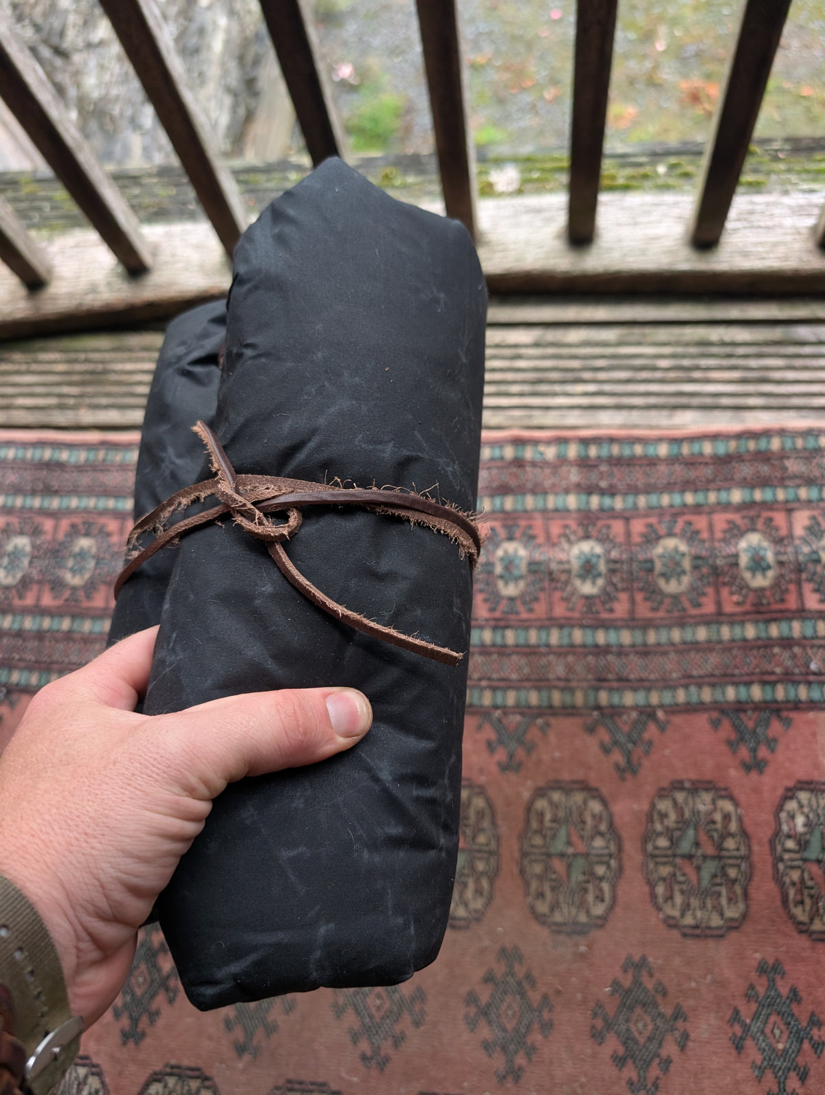 Sleeping mat/pad cover, eco beeswax cotton backed woven 100% wool upper with leather tie-outs