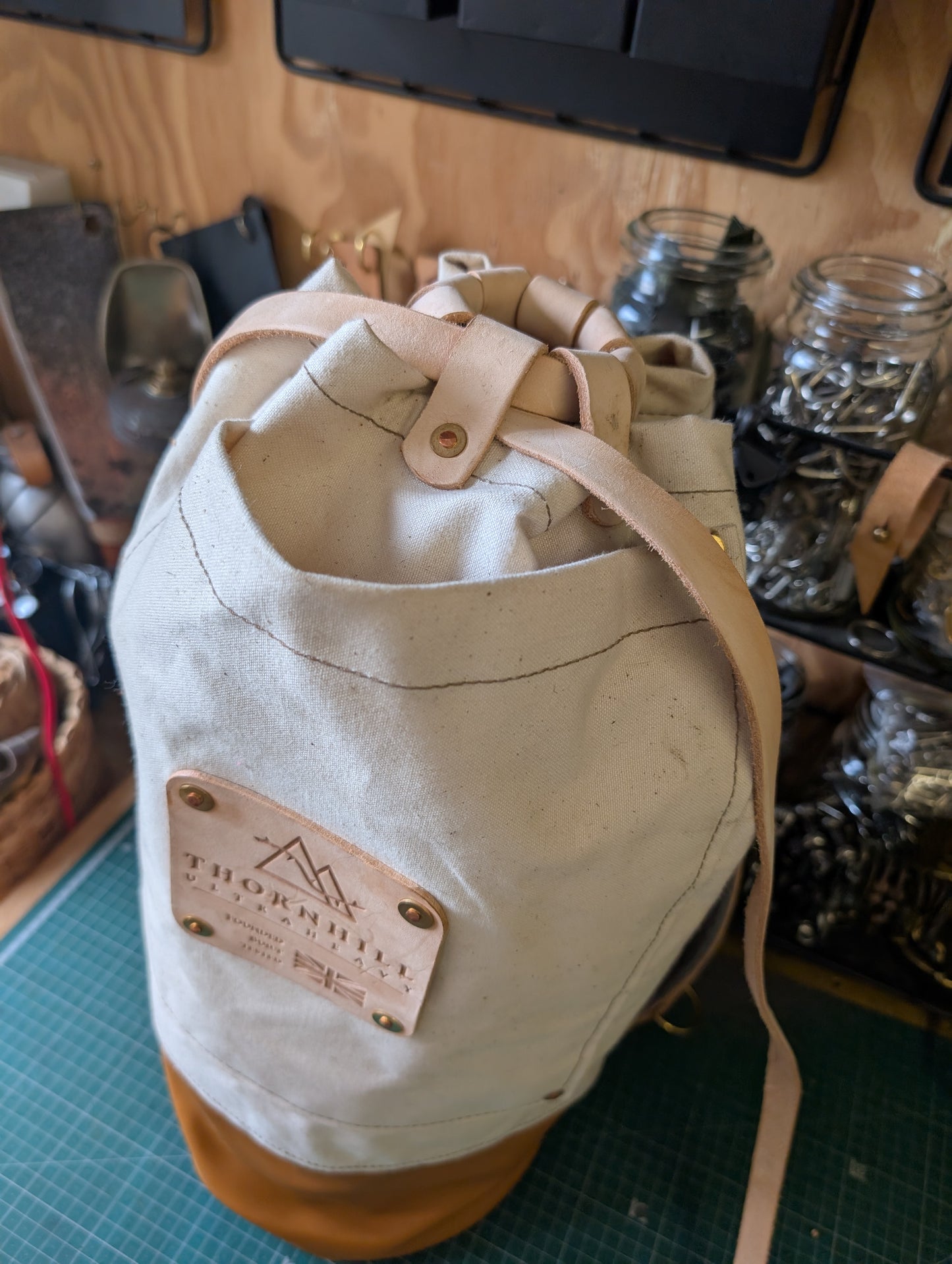 Canvas and leather sea sack style bag, leather and canvas &  lined waxed eco beeswax cotton