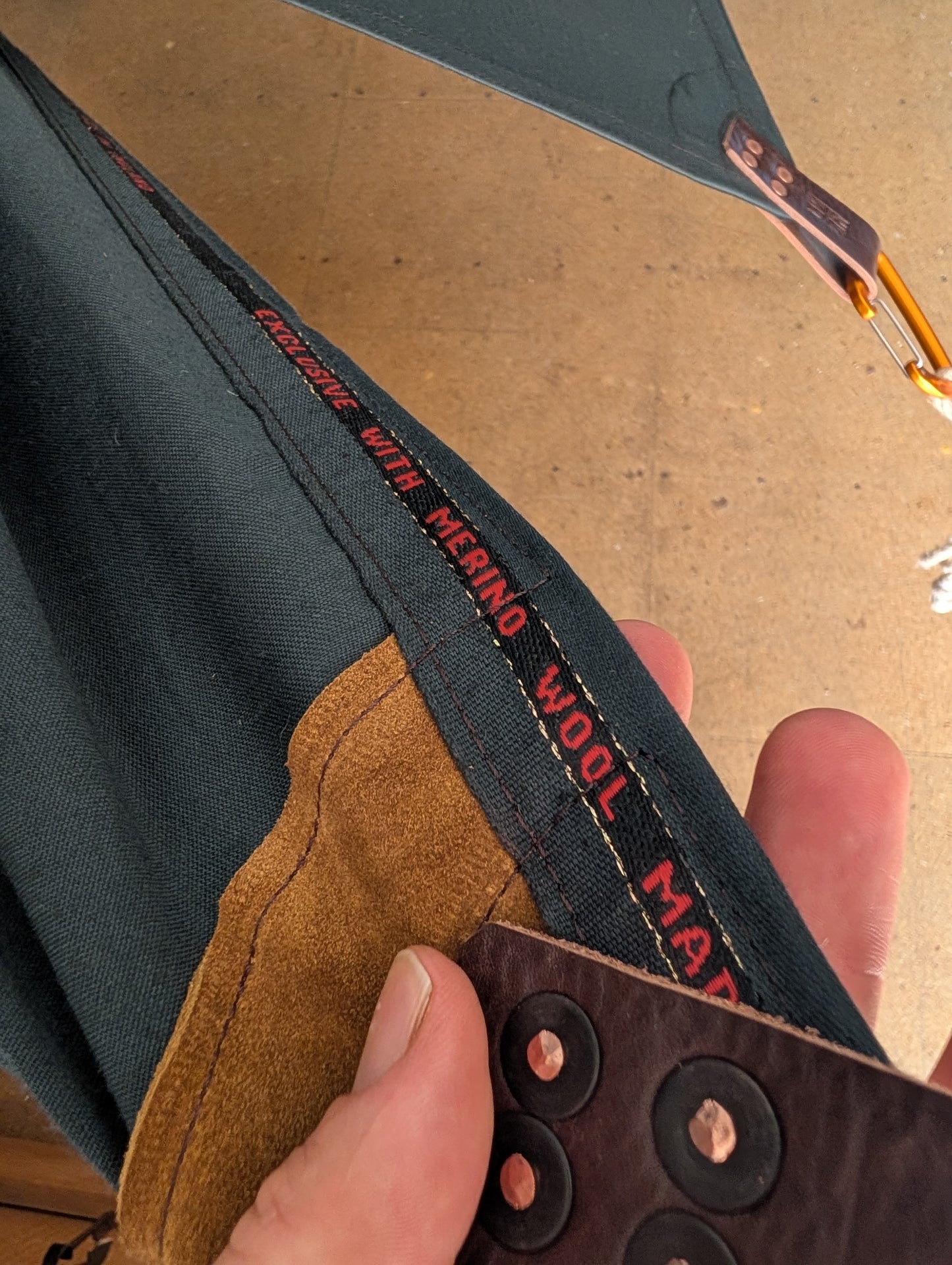 3m x 3m sun tarp, merino wool mix & leather tie outs green