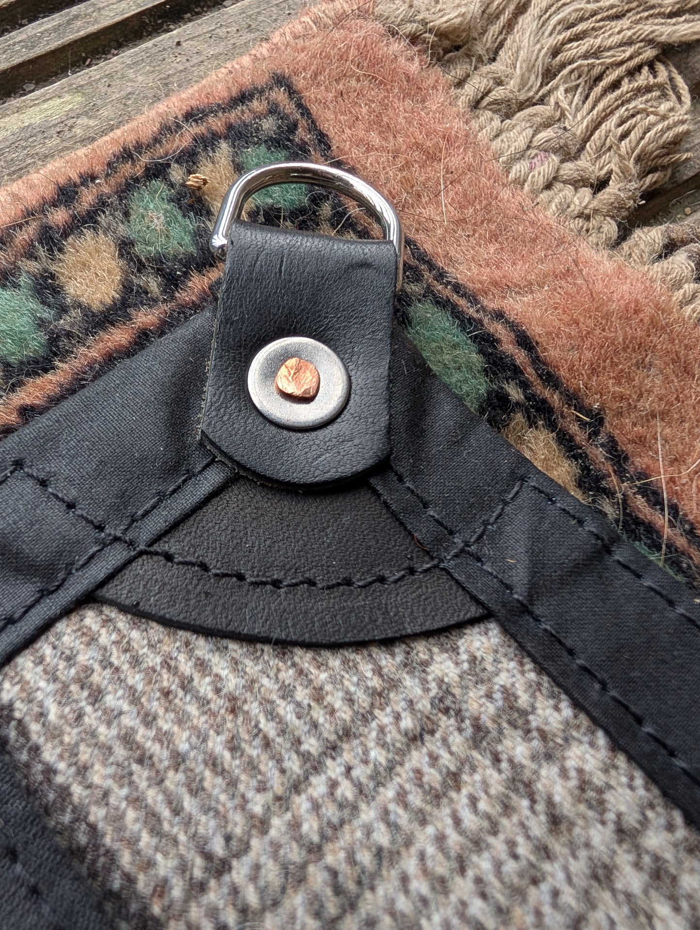Sleeping mat/pad cover, waxed-canvas-backed checked wool with leather tie-outs