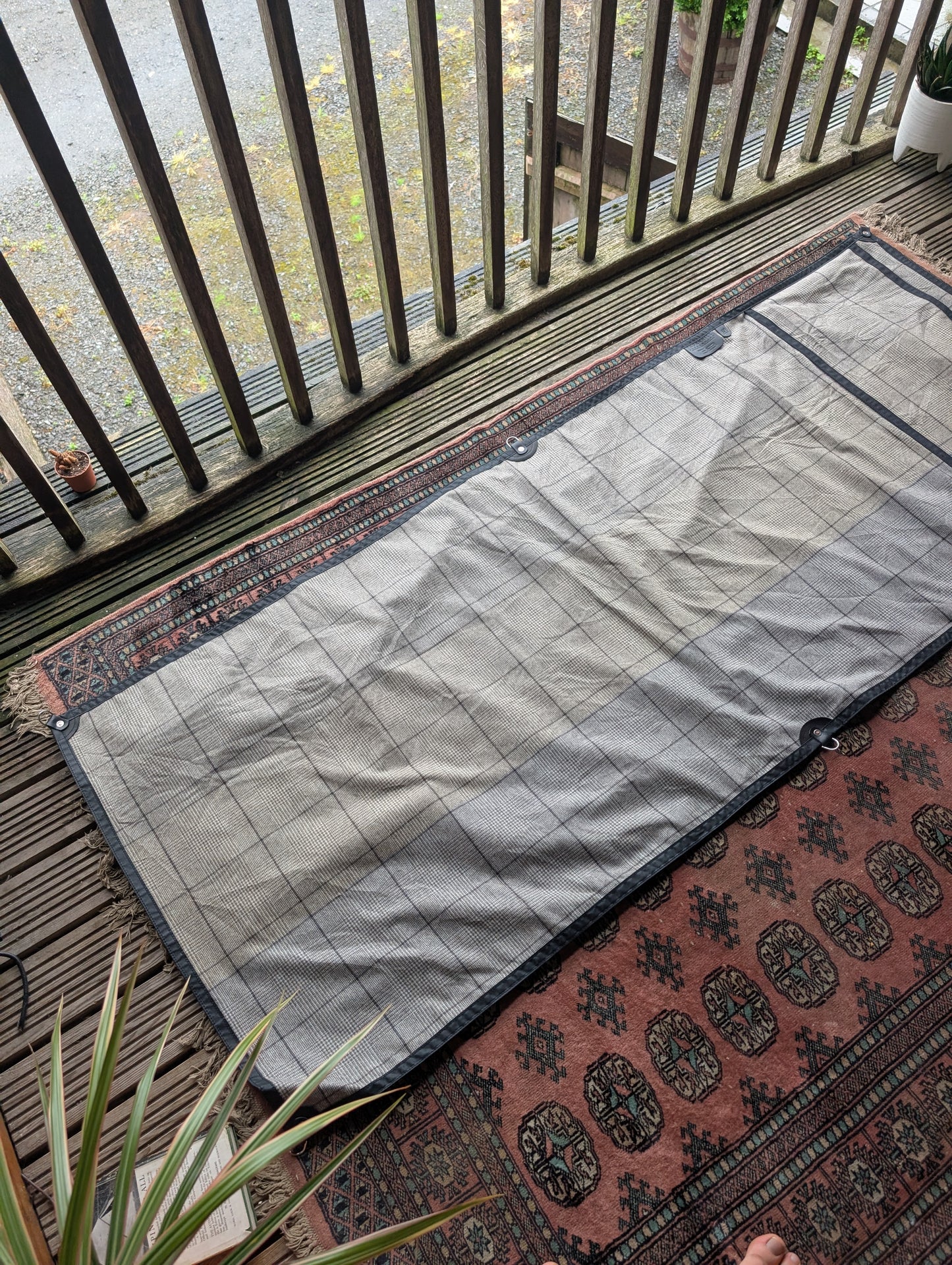 Sleeping mat/pad cover, waxed-canvas-backed checked wool with leather tie-outs