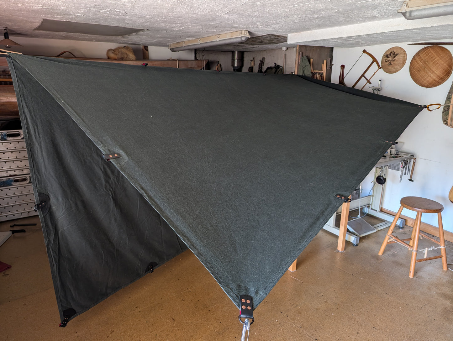 3m x 3m tarp, waxed canvas & leather and D ring tie outs green