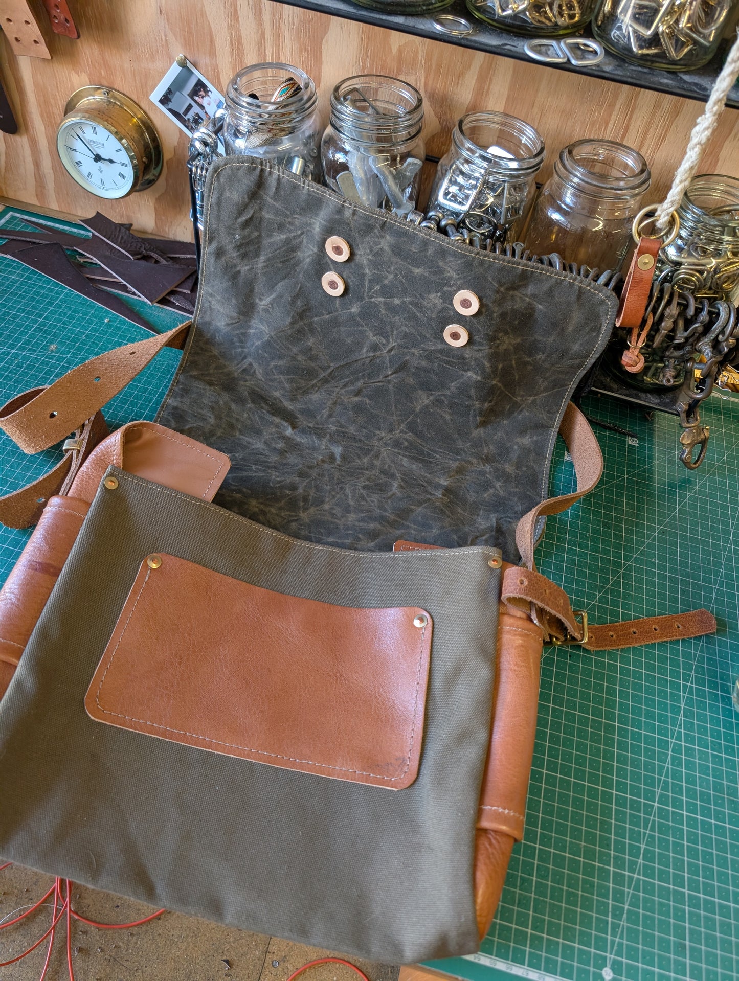 Two-tone bushcraft & travel satchel leather and canvas & waxed cotton lined waxed canvas