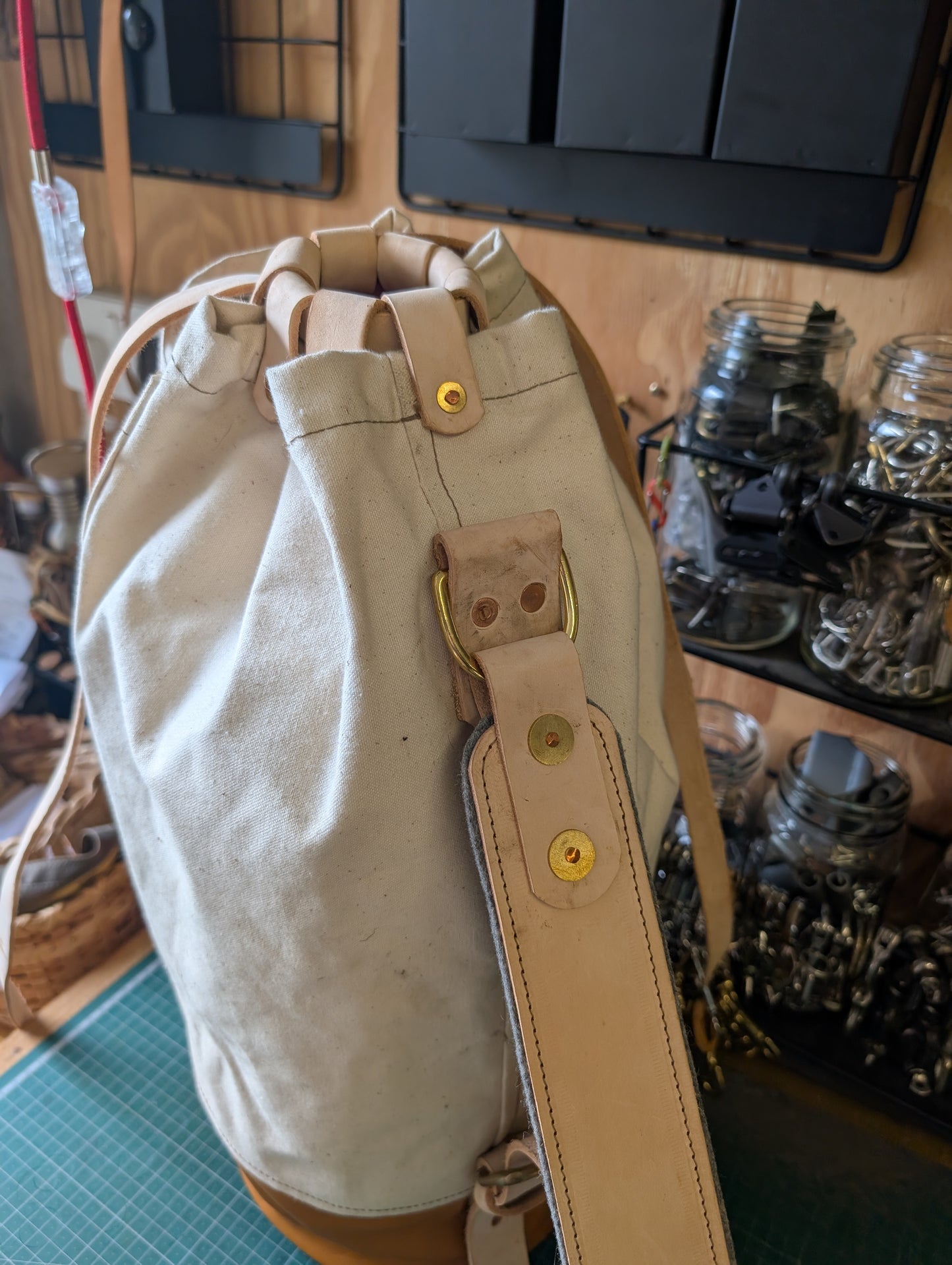 Canvas and leather sea sack style bag, leather and canvas &  lined waxed eco beeswax cotton