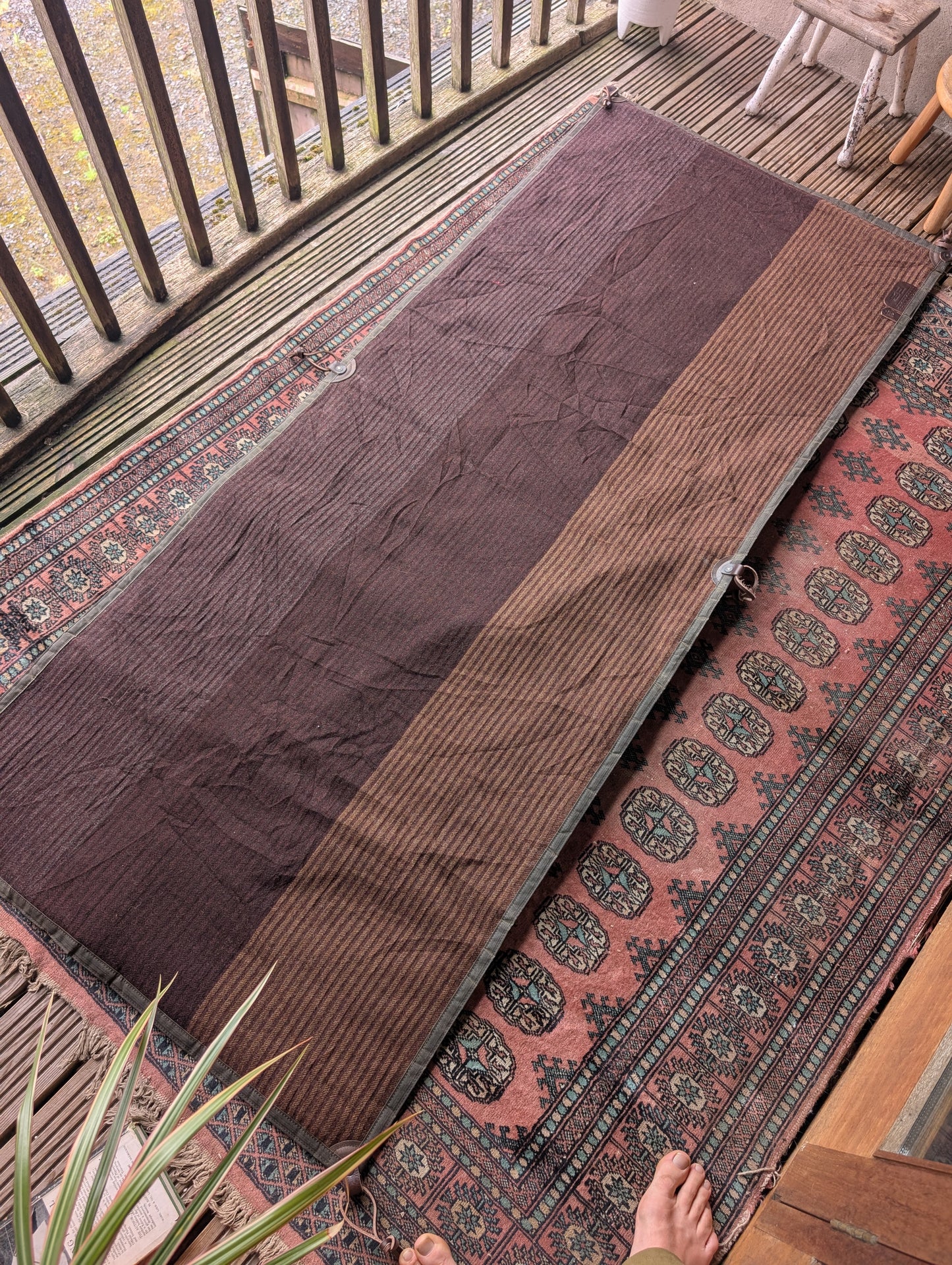 Sleeping mat/pad  beeswax-coton-backed wool with leather tie-outs