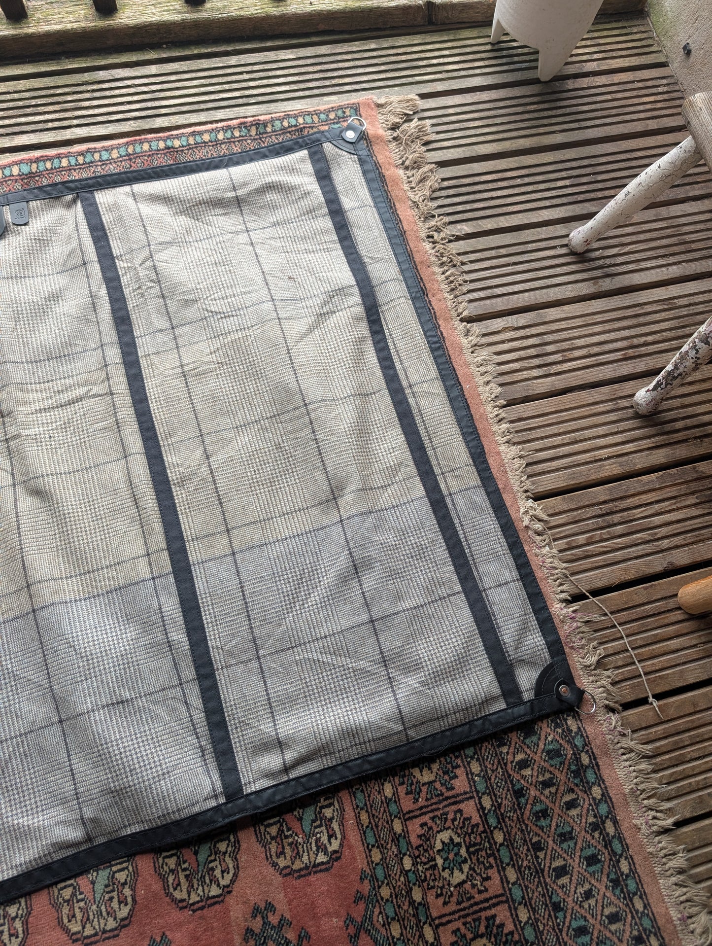 Sleeping mat/pad cover, waxed-canvas-backed checked wool with leather tie-outs
