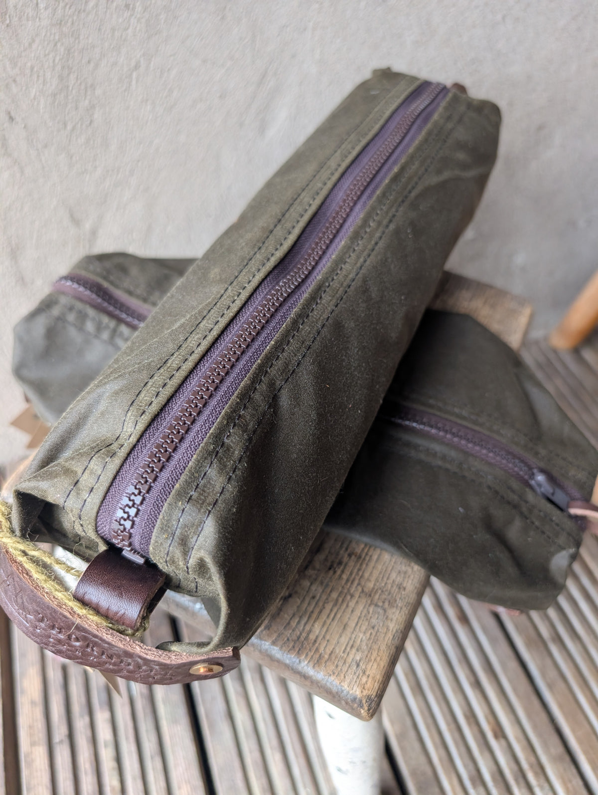 Dopp bag, double-lined waxed canvas packing cube with leather handles