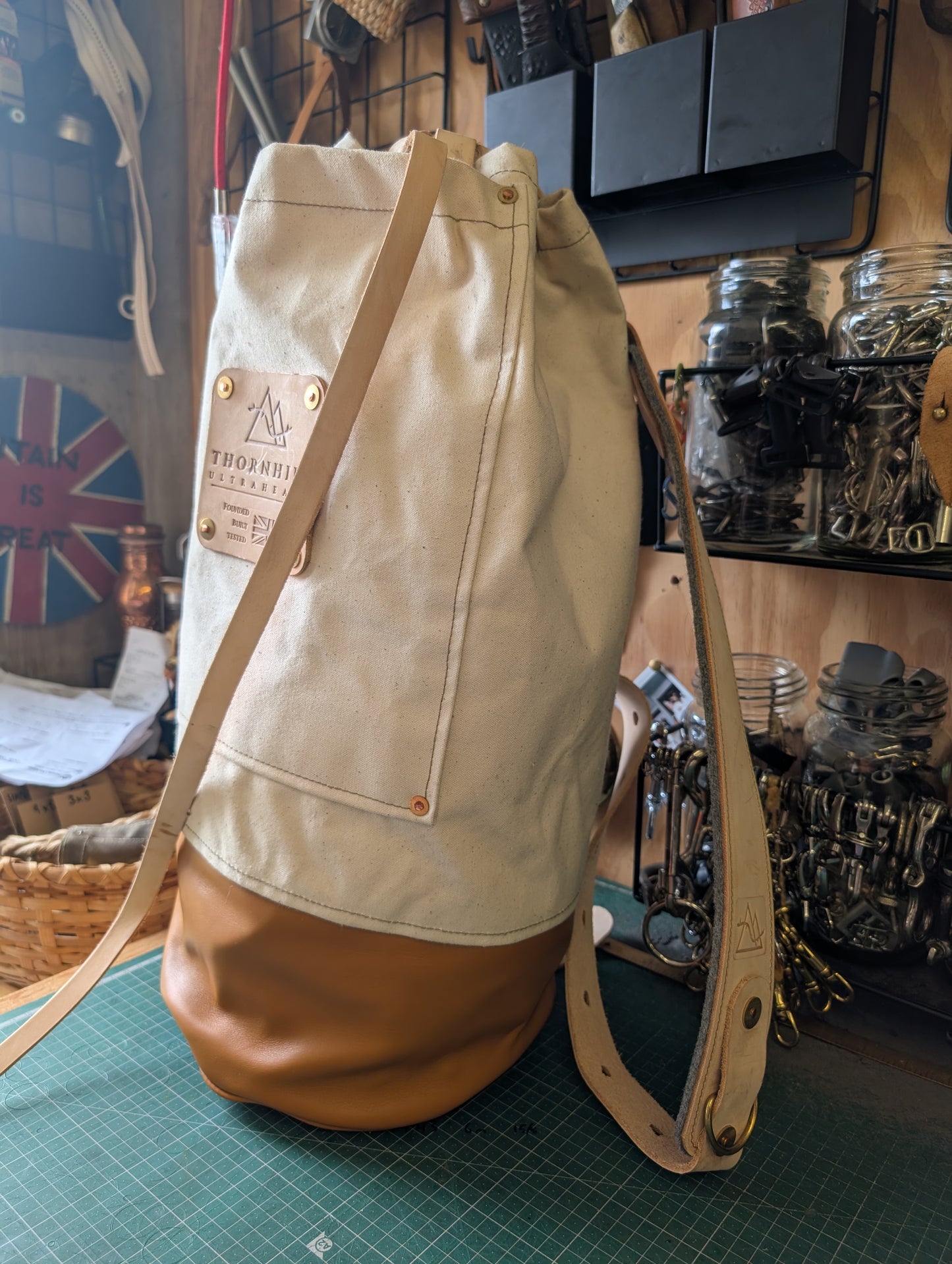 Canvas and leather sea sack style bag, leather and canvas &  lined waxed eco beeswax cotton