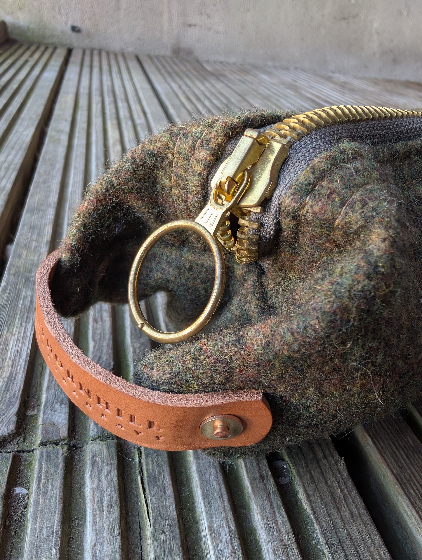 Wool 'n' wax skinny dopp bag, double-lined with vachetta leather handles