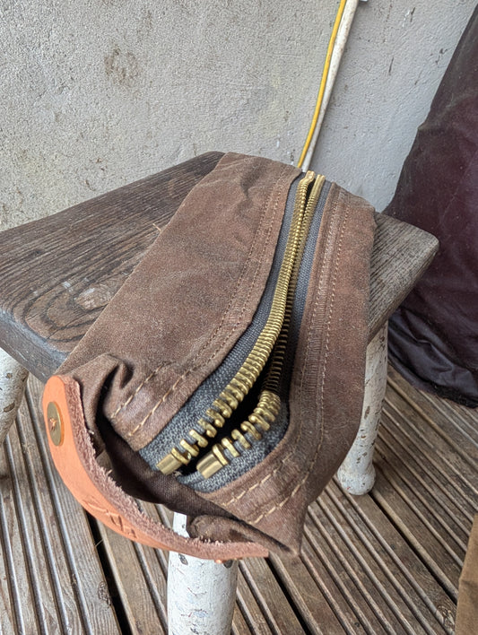 SALE Skinny dopp bag, double-lined waxed canvas packing cube with leather handles