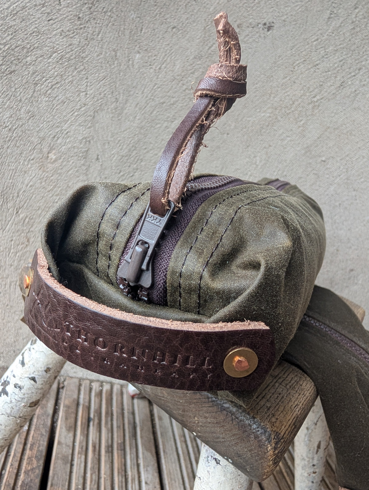 Dopp bag, double-lined waxed canvas packing cube with leather handles