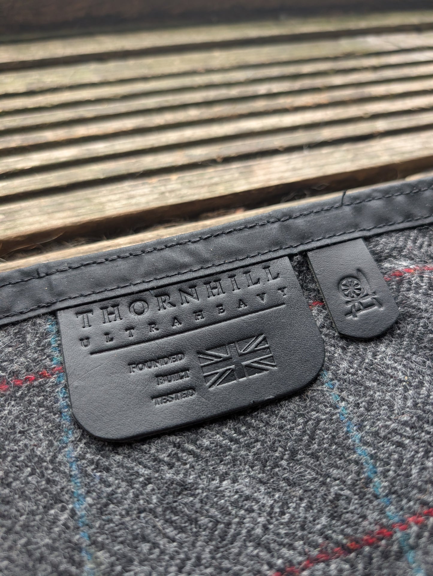 Sleeping mat/pad cover, waxed-canvas-backed checked wool with cotton 'pillow'  and leather leather tie-outs