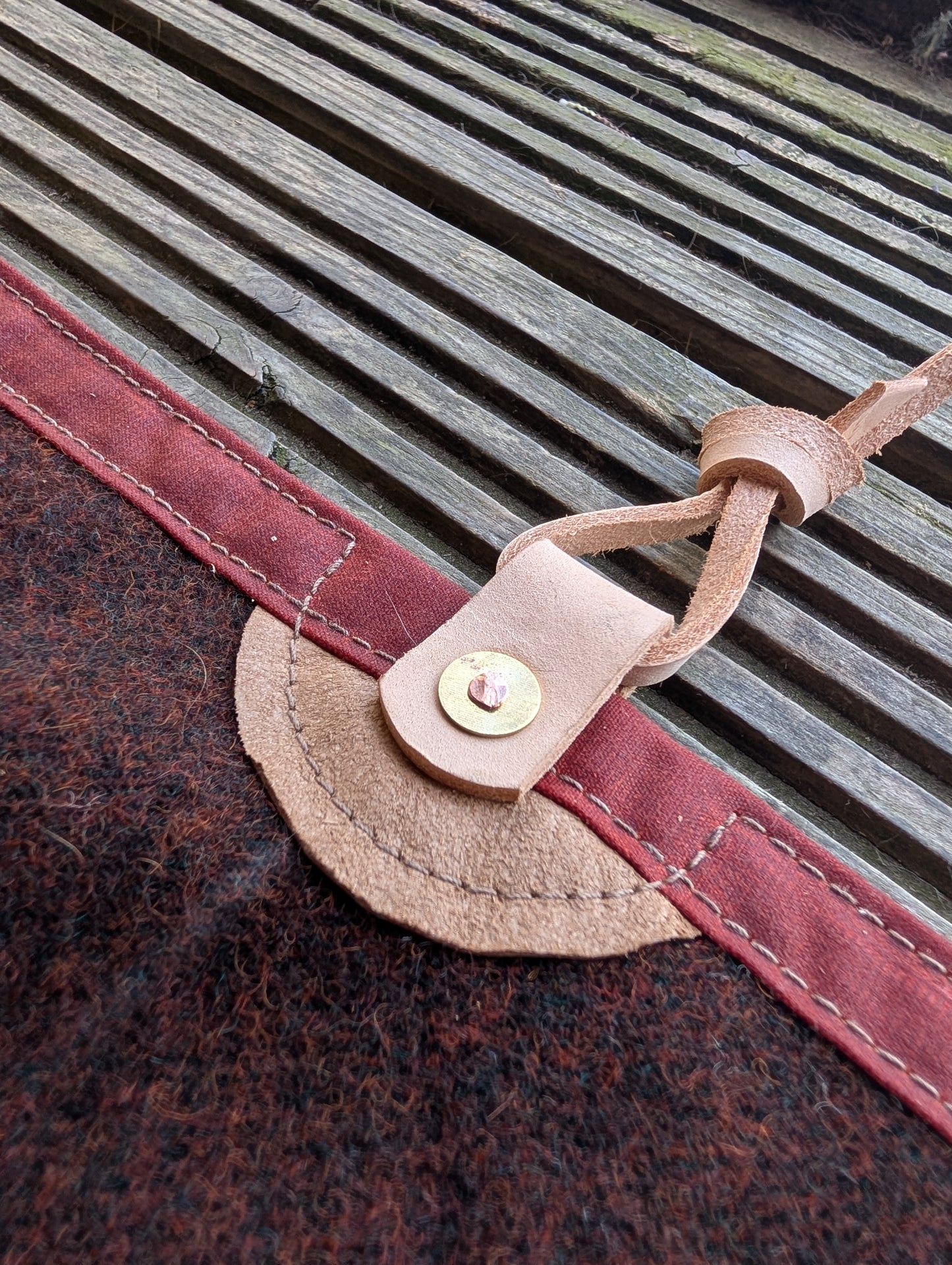 Sleeping mat/pad cover, waxed-canvas-backed wool with leather tie-outs