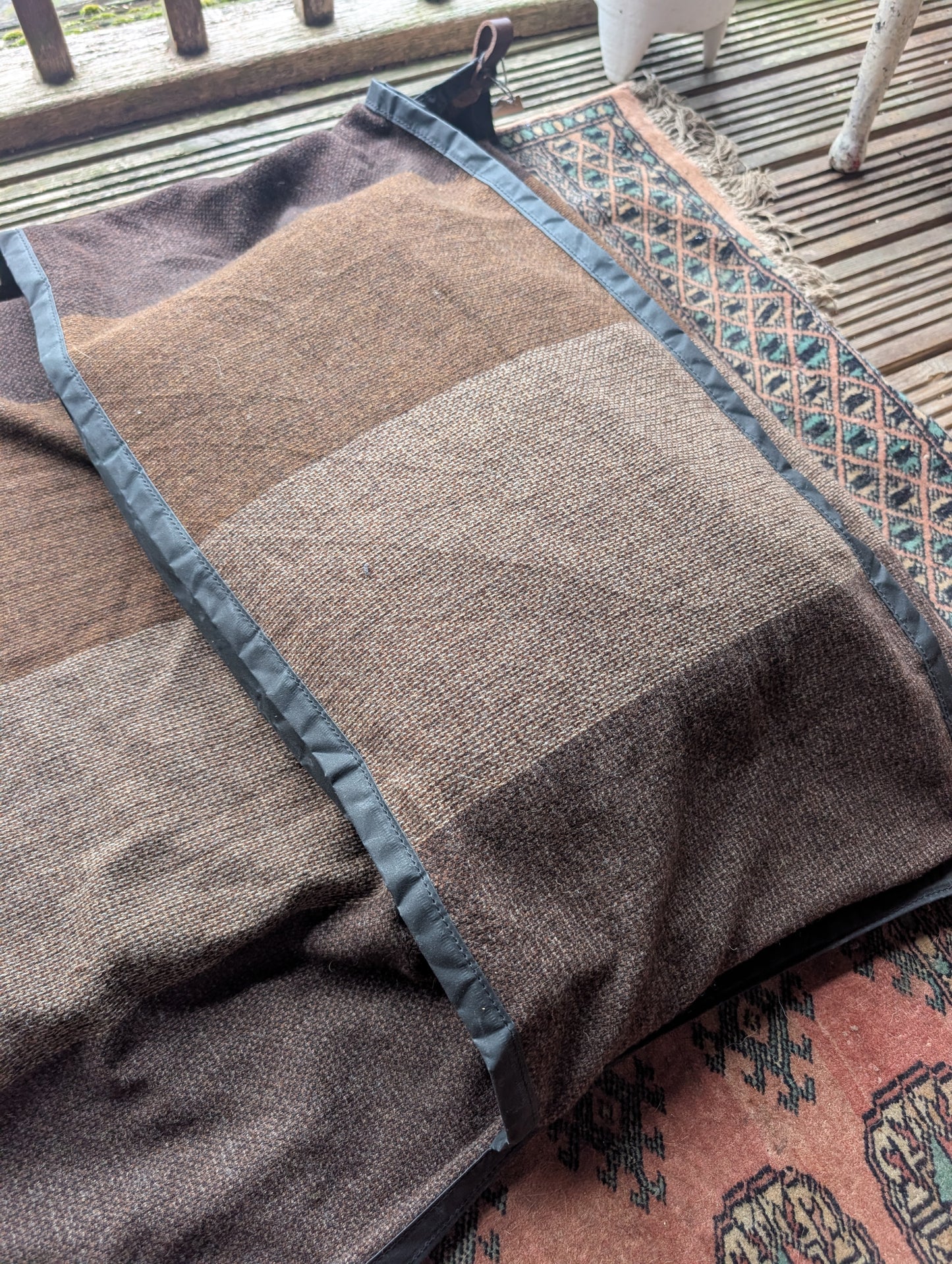 Sleeping mat/pad cover, eco beeswax cotton backed woven 100% wool upper with leather tie-outs