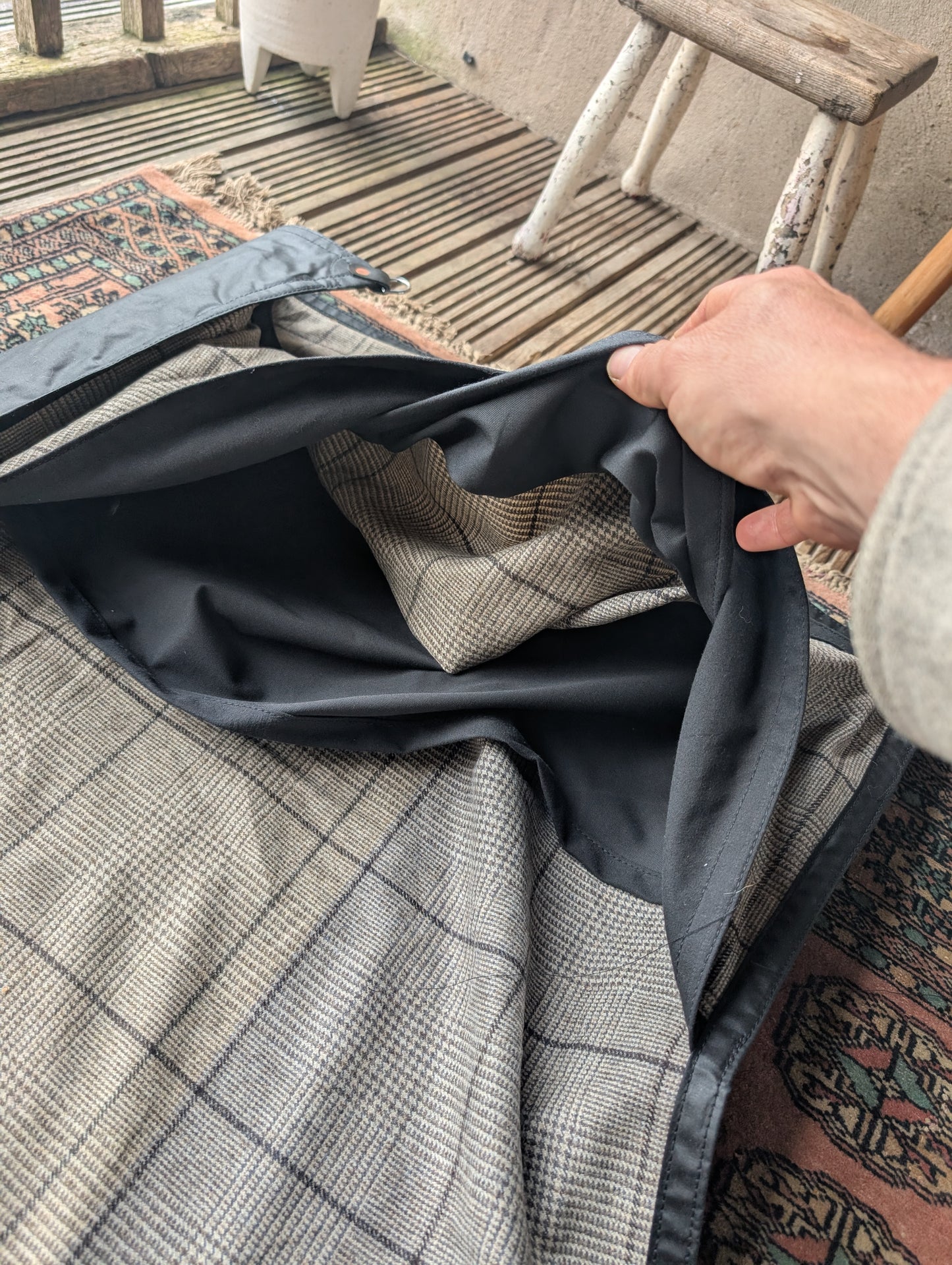 Sleeping mat/pad cover, waxed-canvas-backed checked wool with leather tie-outs